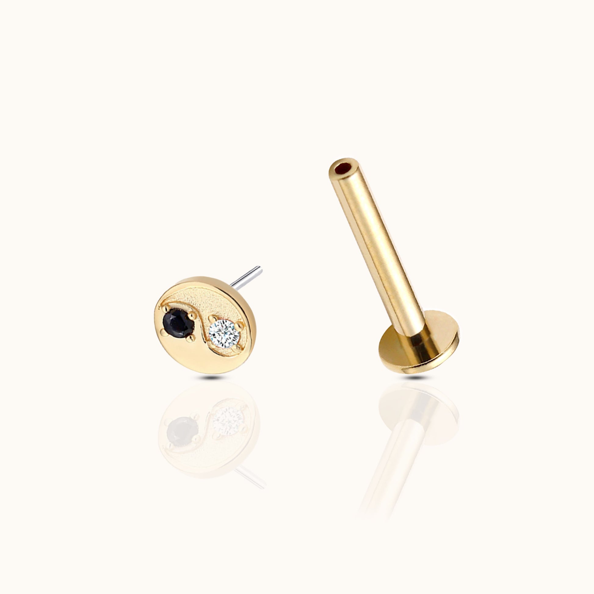 14K Solid Gold Yinyang Threadless Labret Flat Back Earring by Doviana