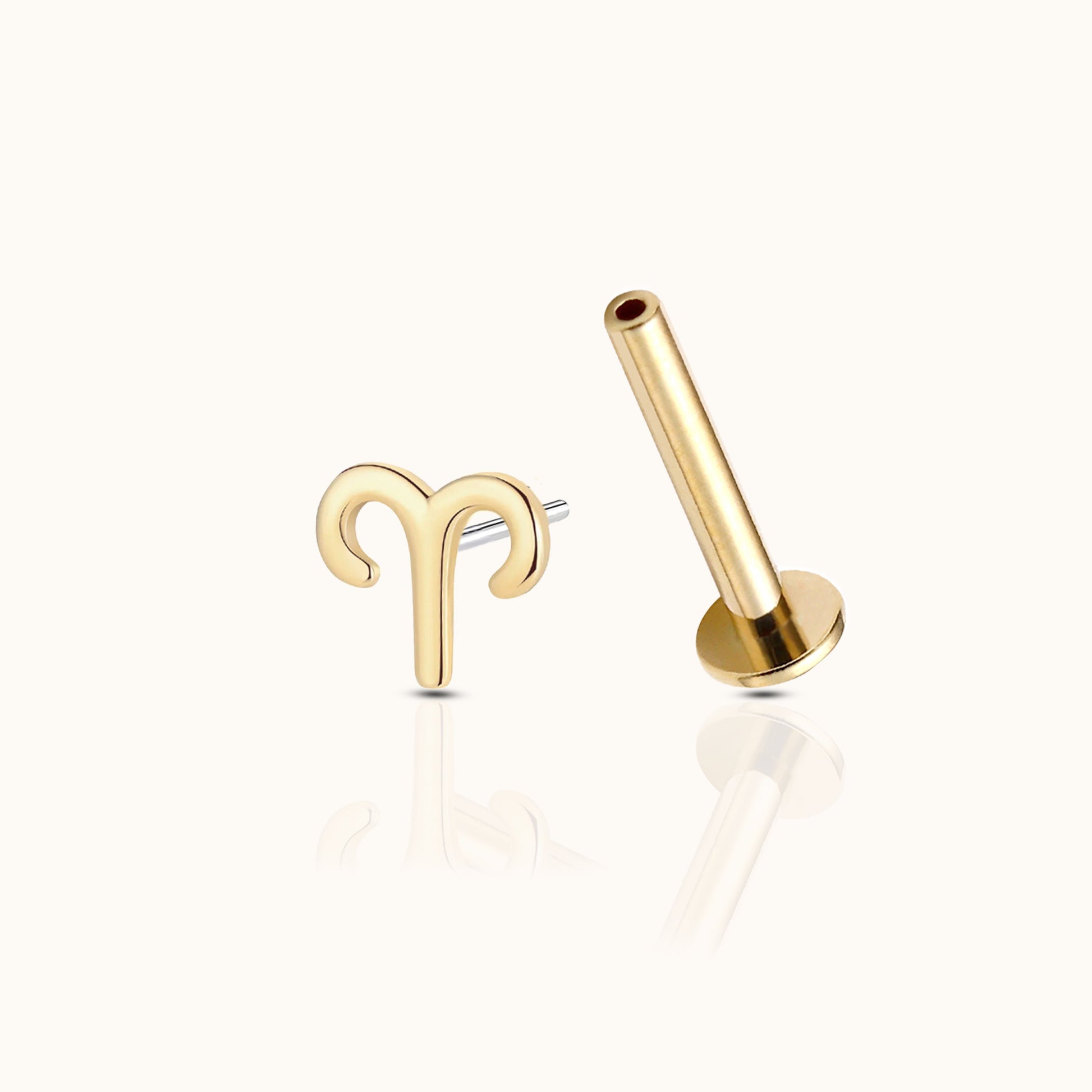 14K Solid Gold Aries Apr Birth Fire Sign Zodiac Astrology Constellation Threadless Labret Flat Back Earring by Doviana