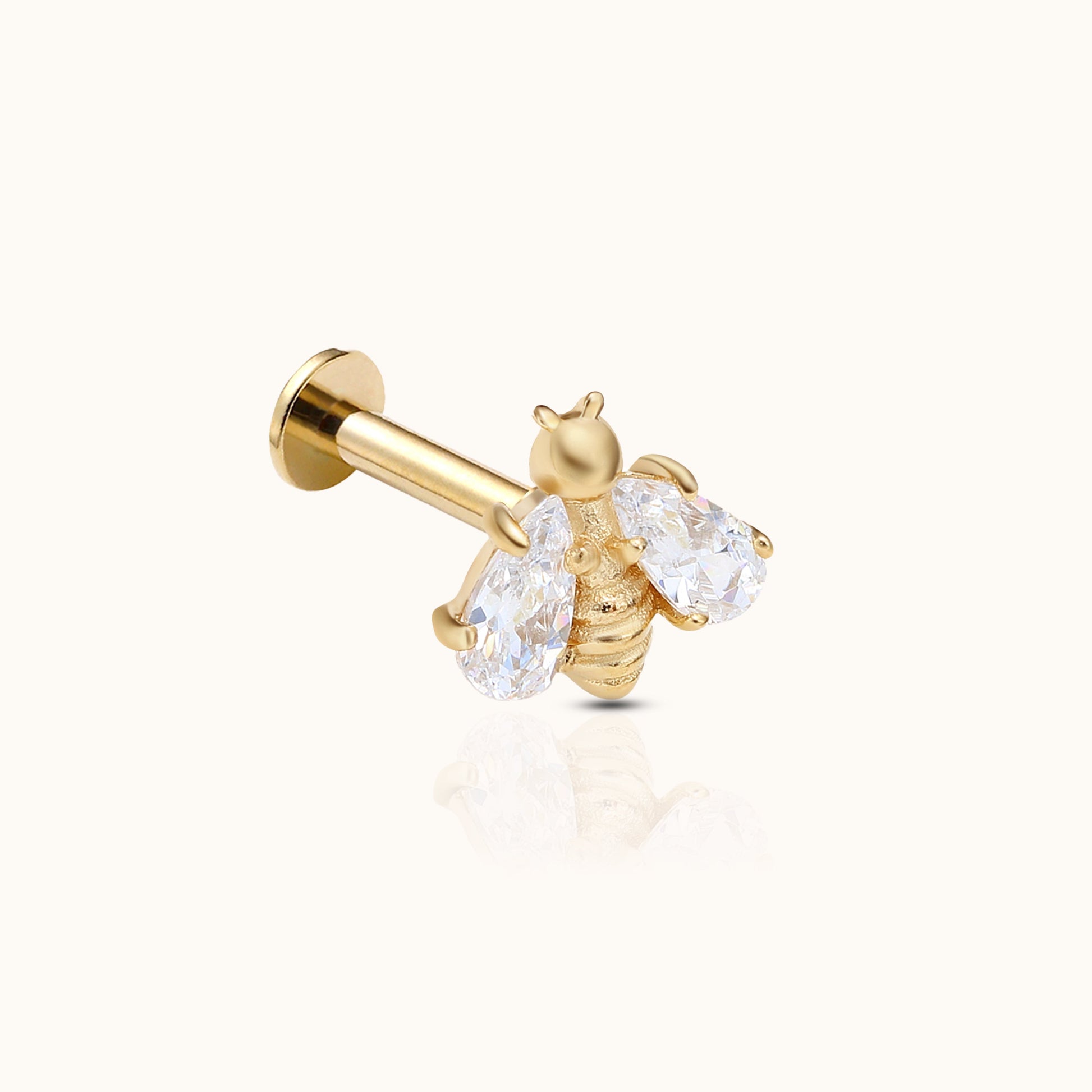 14K Solid Gold Bumble Bee Threadless Labret Flat Back Nap Earring by Doviana