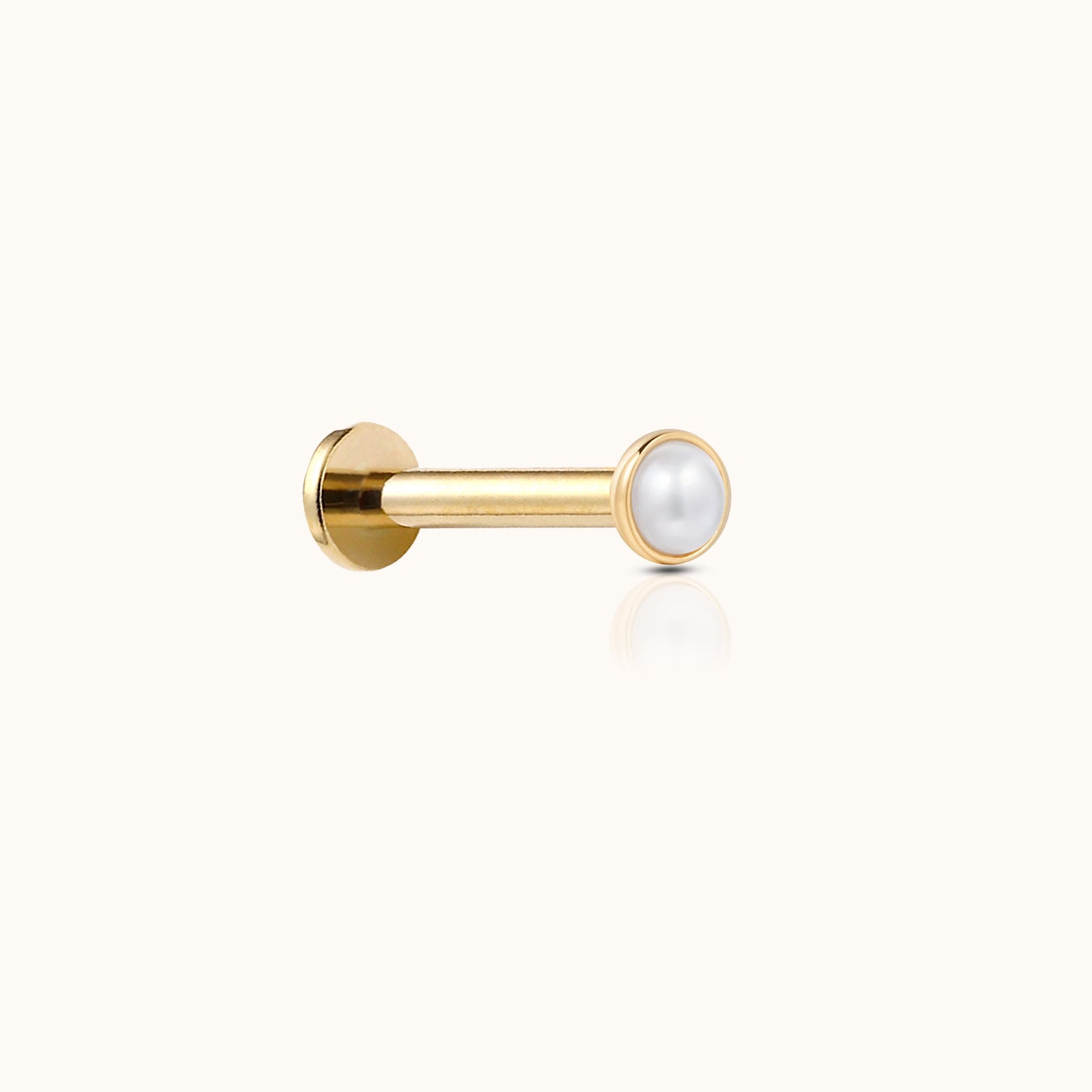 14K Solid Gold Natural Pearl Bezel Threadless Labret Flat Back Earring