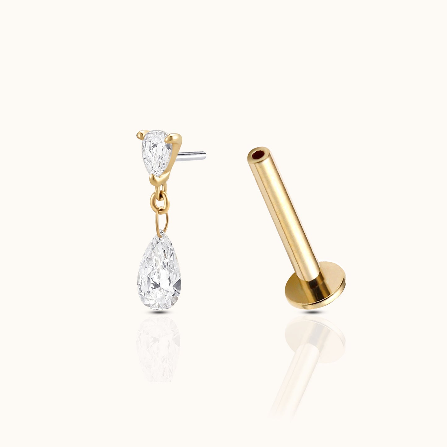 14K Solid Gold Pear CZ Drop Threadless Flat Back Earring by Doviana