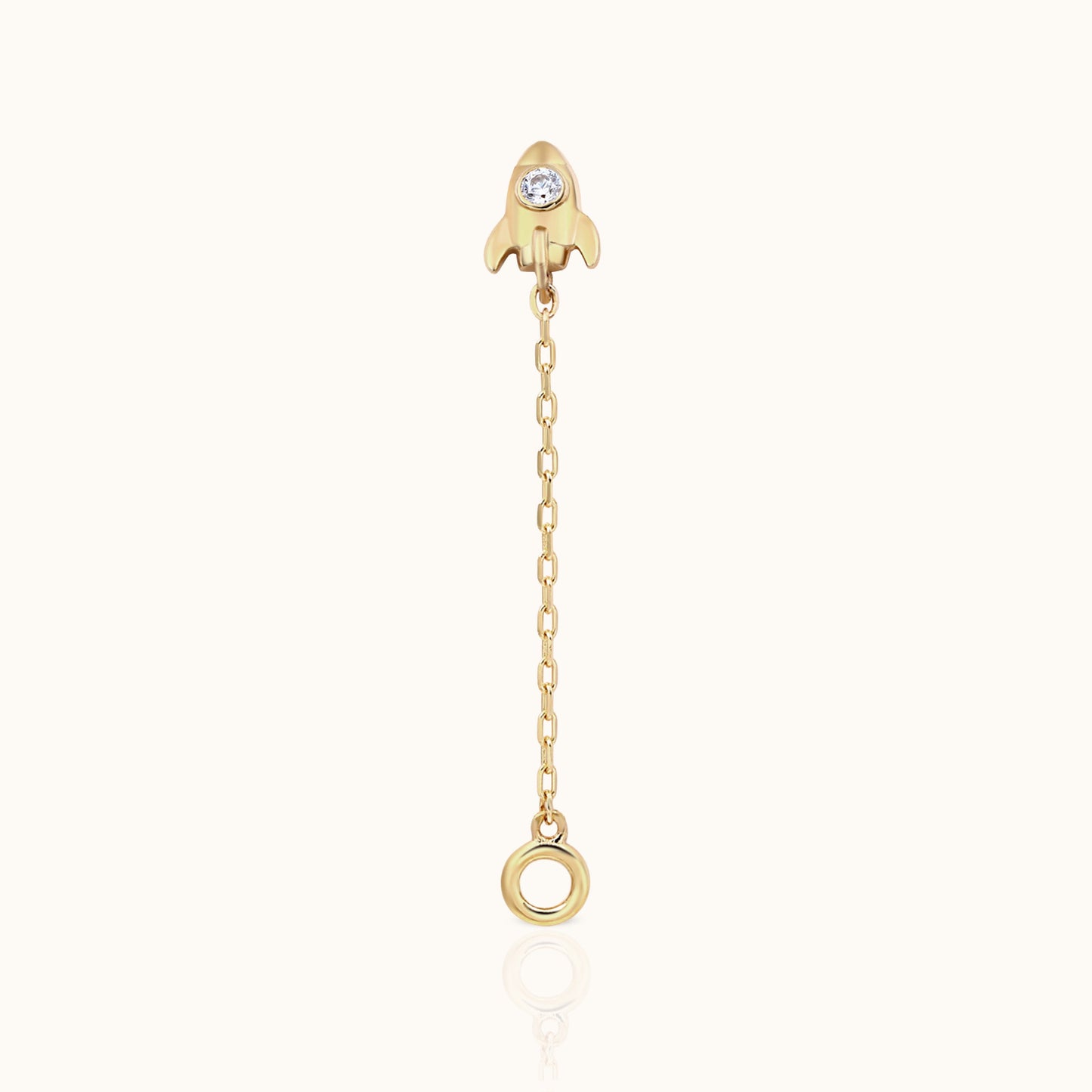 14K Solid Gold Petite Rocket Connector Chain Threadless Labret Flat Back Nap Earring by Doviana