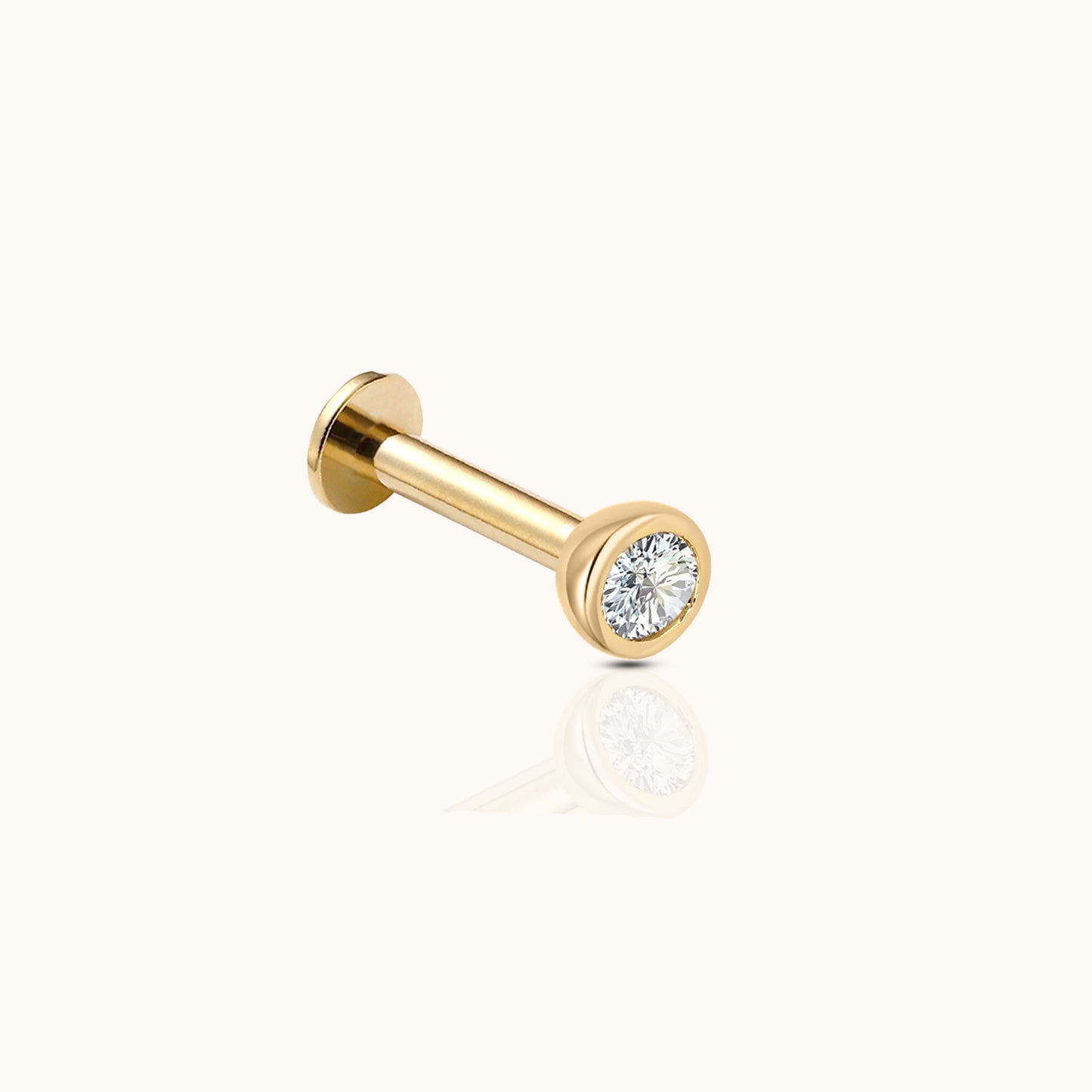 14K Solid Gold Round CZ Bezel Threadless Labret Flat Back Nap Earring by Doviana