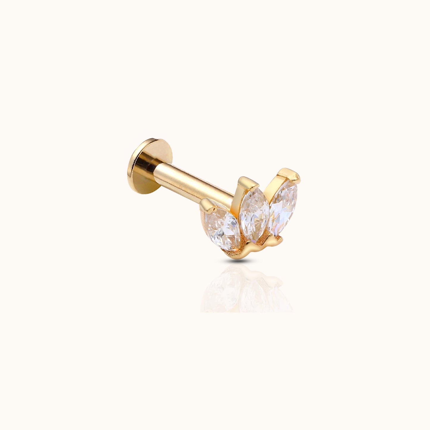 14K Solid Gold Trefoil CZ Flower Threadless Labret Flat Back Nap Earring by Doviana