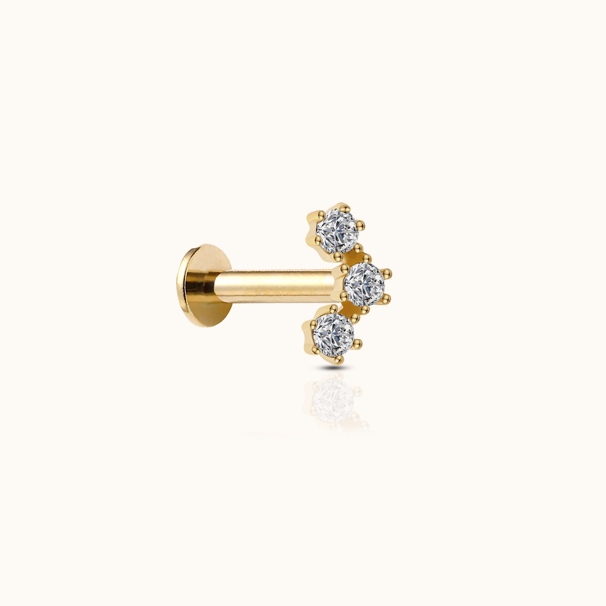 14K Solid Gold Triple CZ Barnacle Trio Curved Bar Threadless Labret Flat Back Nap Earring by Doviana