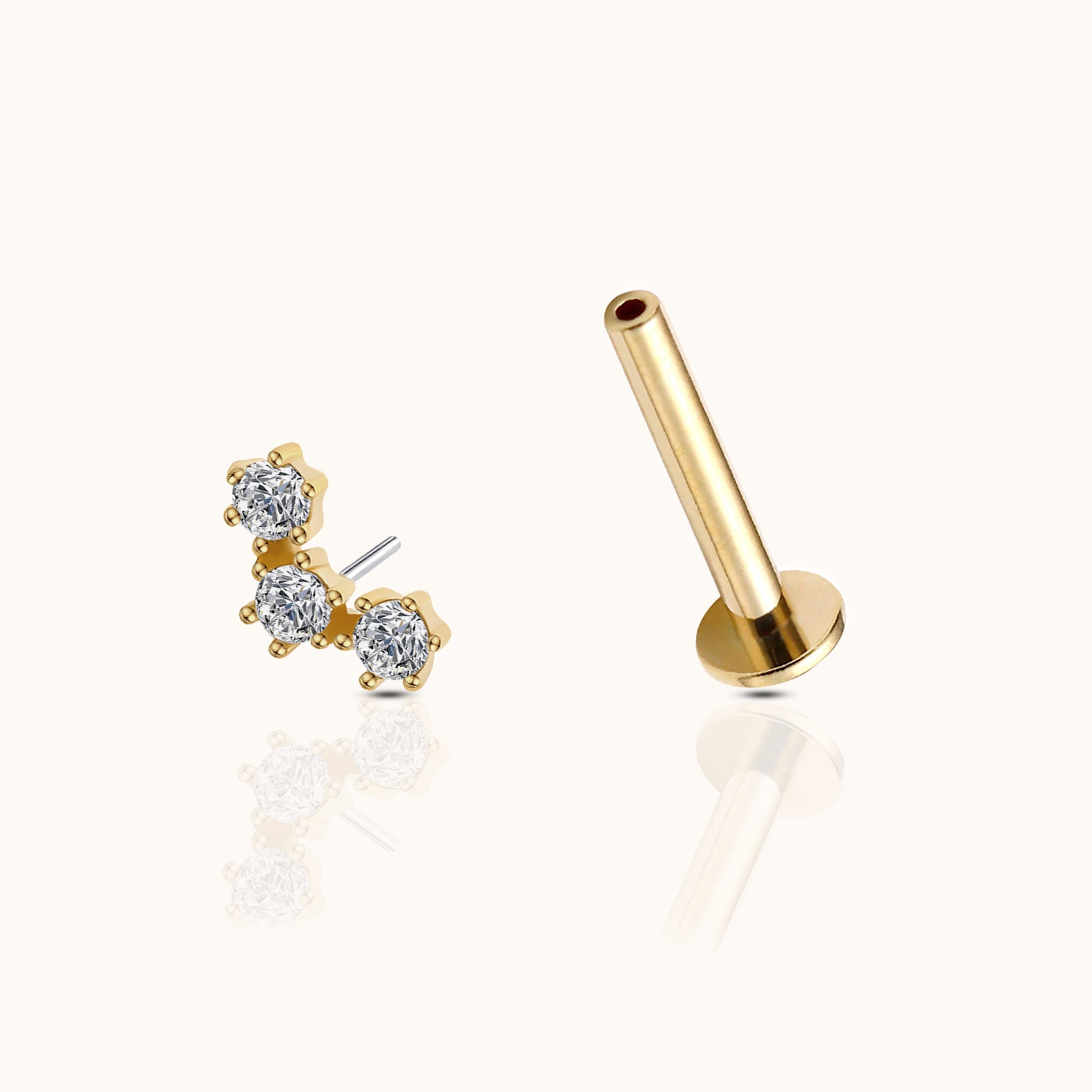 14K Solid Gold Triple CZ Barnacle Trio Curved Bar Threadless Labret Flat Back Nap Earring by Doviana