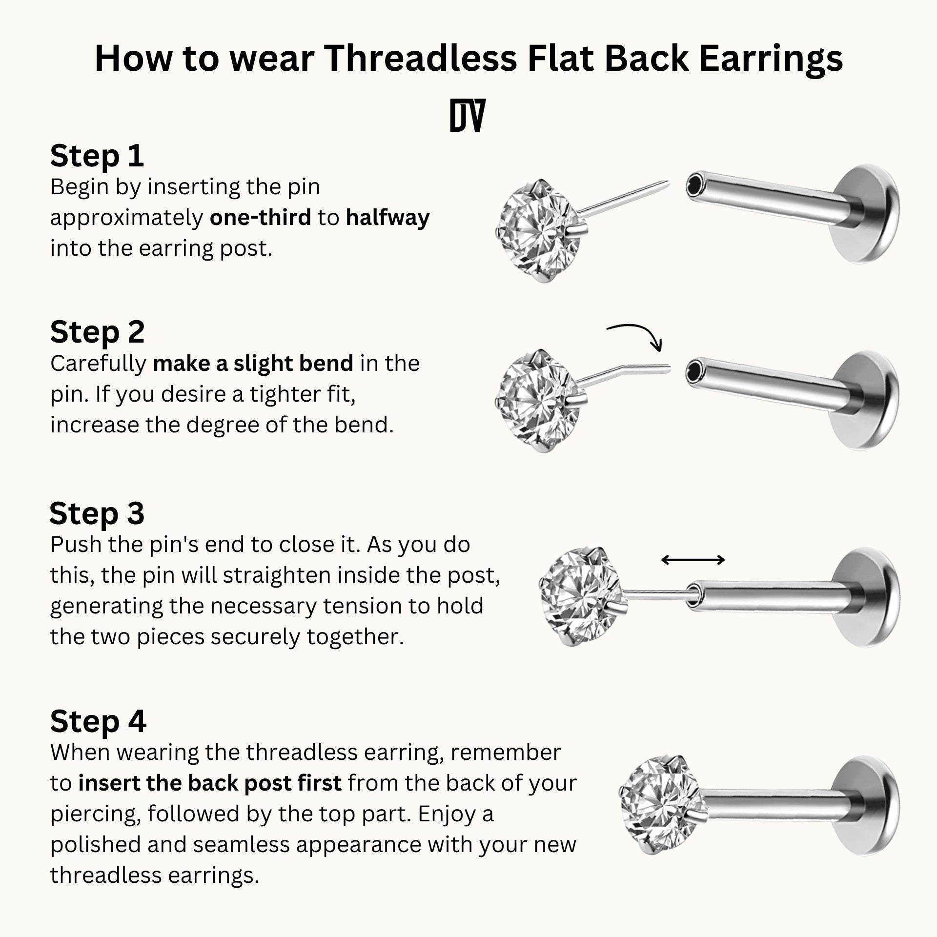 How to wear Threadless Flat Back Earrings Step by Step Guide Push Back Stud Nap Earring Push Pin Flatback by Doviana