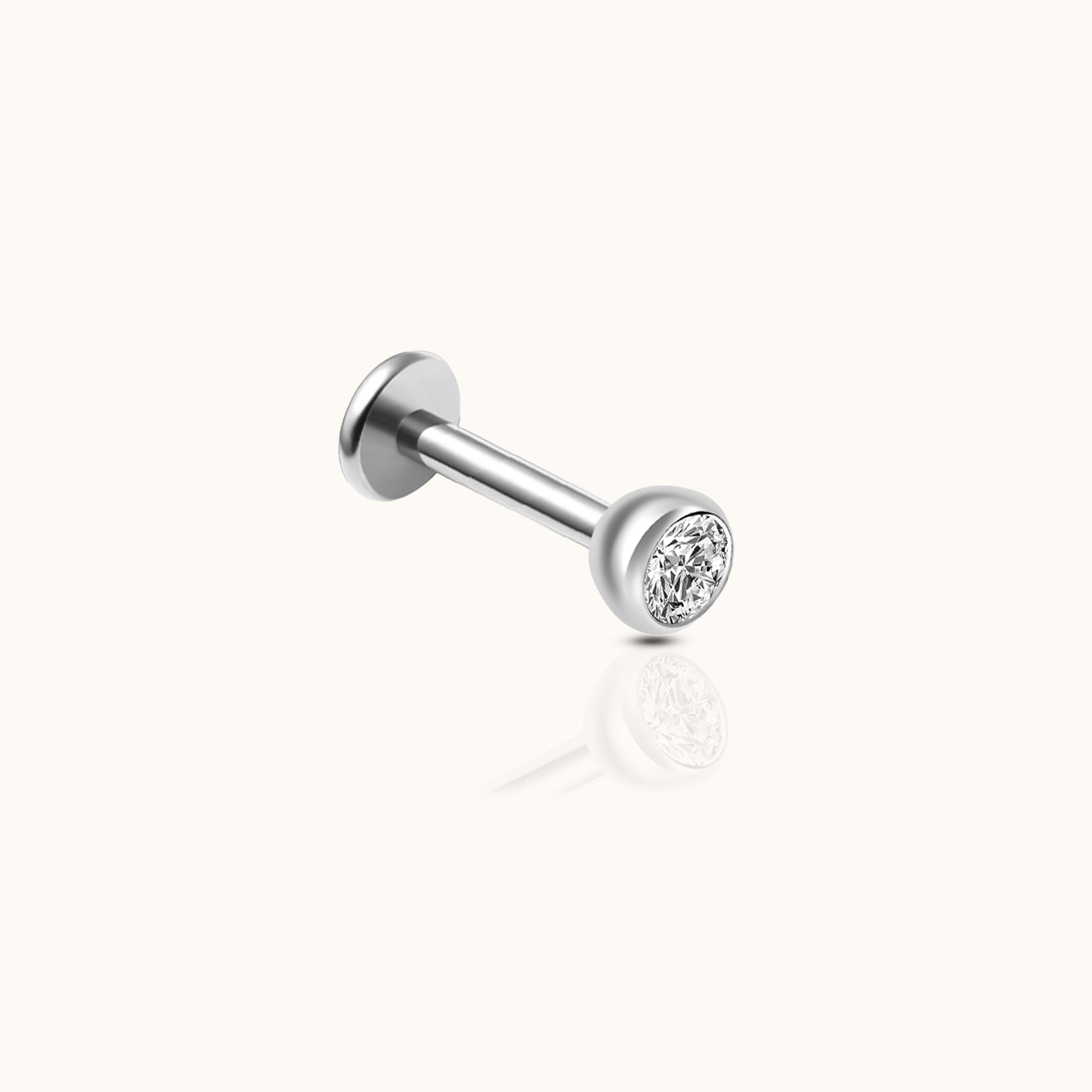 3mm CZ Bezel Silver Color Threadless Labret Titanium Flat Back Earring by Doviana