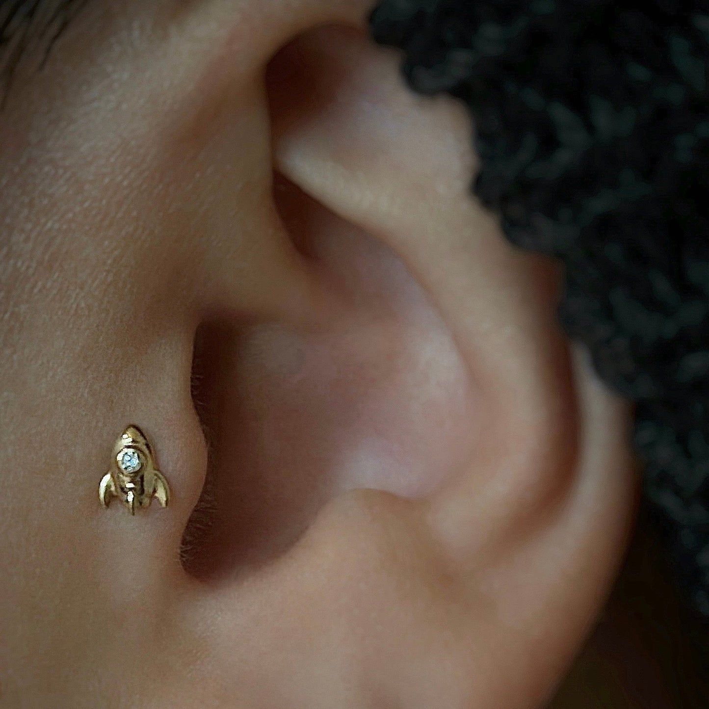 14K Solid Gold Petite Rocket Threadless Labret Flat Back Earring
