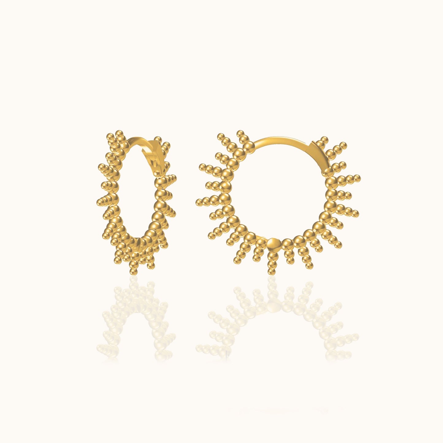Beads Spikes Hoop Earrings 18K Gold Plated Short Spike & Bead Sun Shape Huggie Hoops by Doviana
