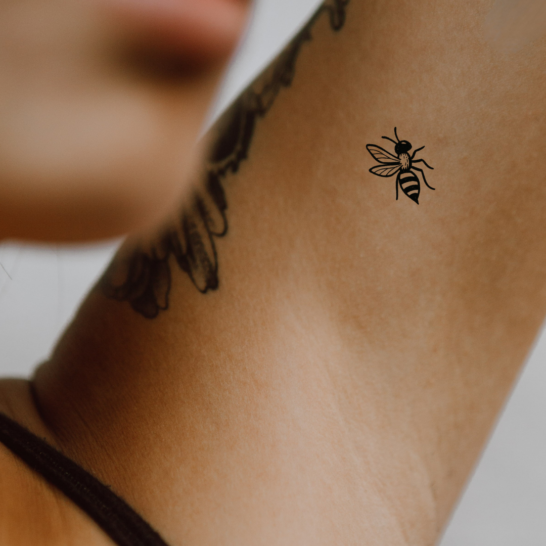 Bee Happy — Tiny Buzz, Big Energy by DOVIANA Tattoo Studio (height 0.5‘’)