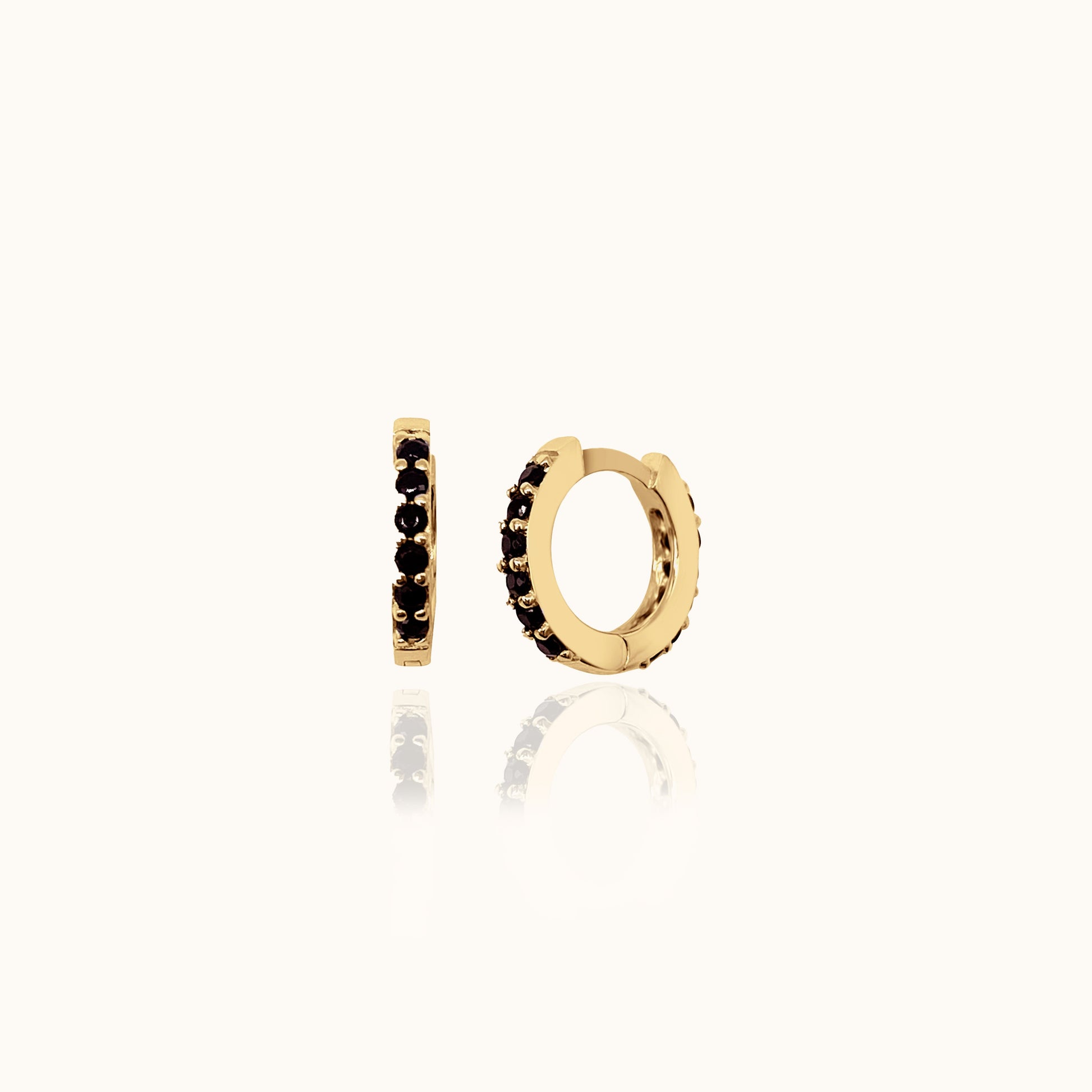 Gold Hoops with Black Stones Dainty Gem Black Zircon Huggie Earrings by Doviana