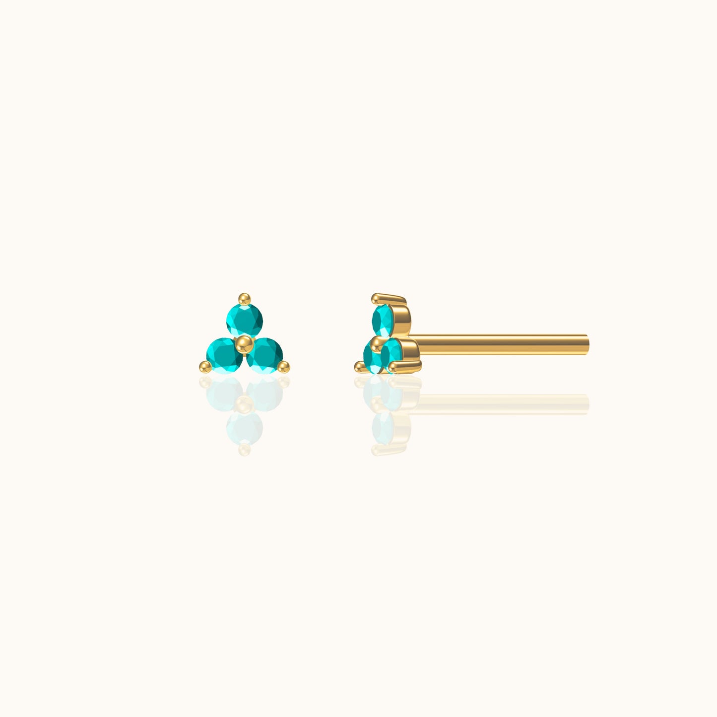 Blue Turquoise Trefoil Stud Earrings 18K Gold Plated Triple Cubic Zirconia Cartilage Piercing by Doviana