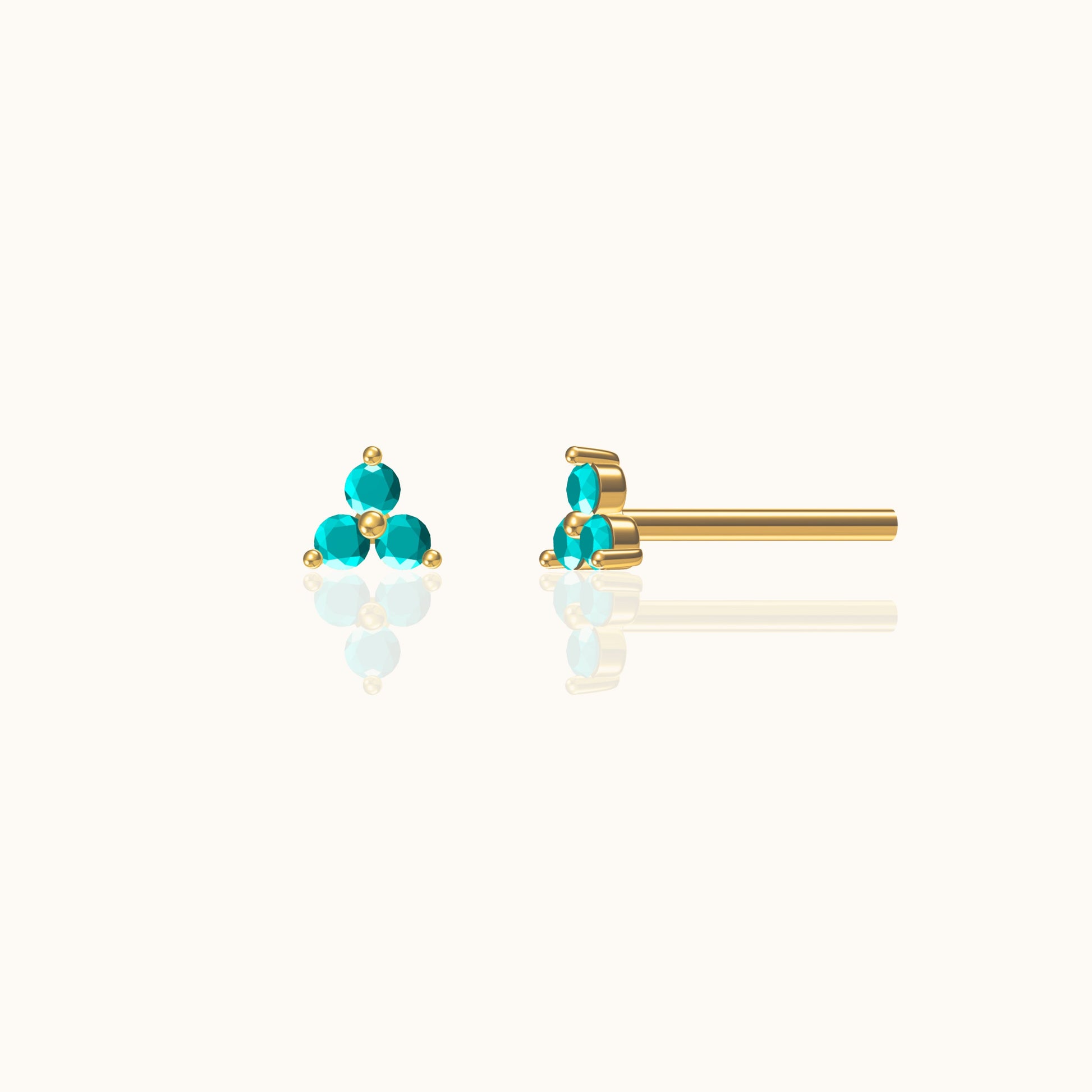 Blue Turquoise Trefoil Stud Earrings 18K Gold Plated Triple Cubic Zirconia Cartilage Piercing by Doviana
