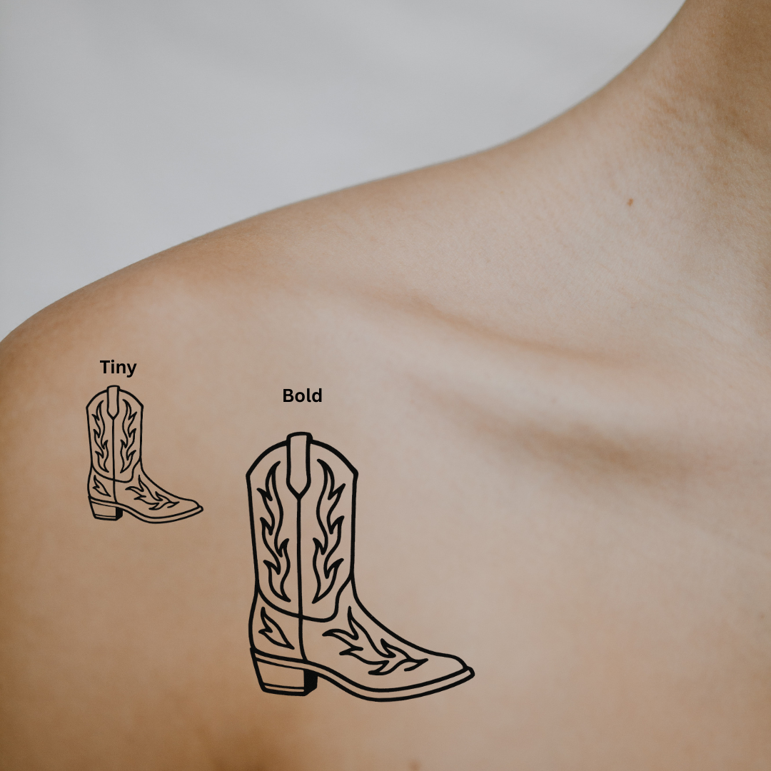 Boot Scootin’ — Kickin’ Up Dust & Good Vibes 🤠 by DOVIANA Tattoo Studio (height 0.55‘’)