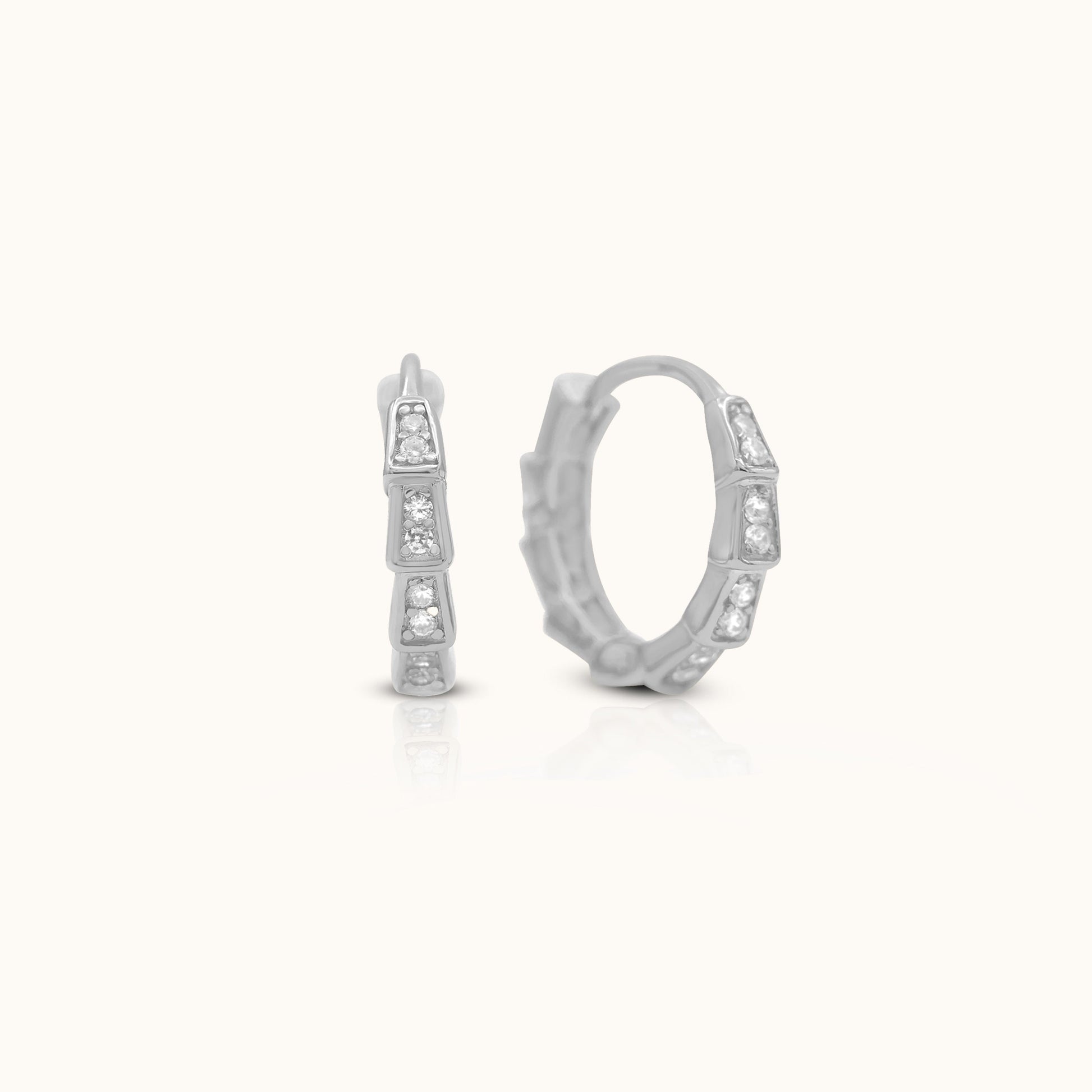 CZ Bamboo Hoop Earrings Cubic Zirconia Square CZ Baguette 925 Sterling Silver Huggie Hoops Genderless Unisex by Doviana