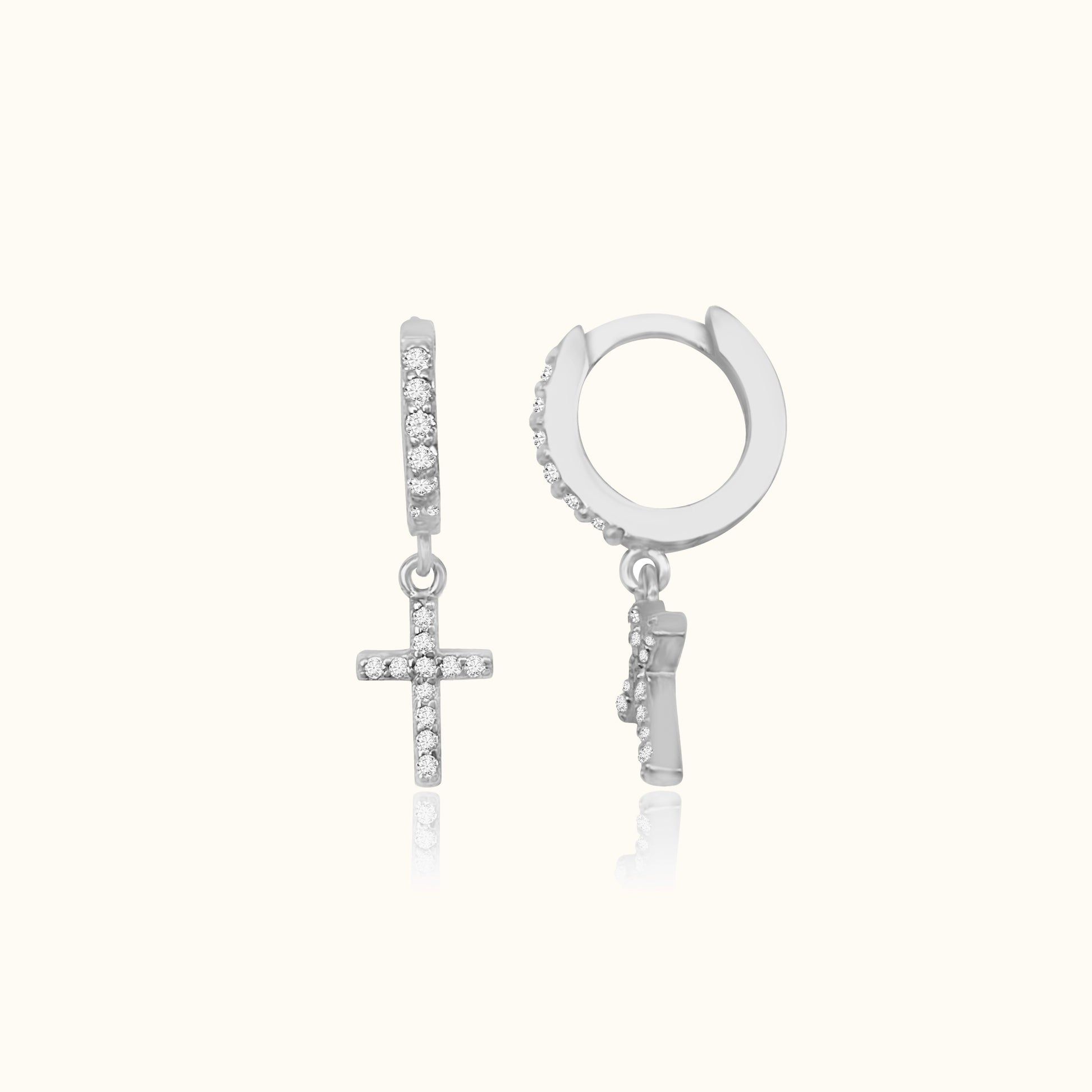 Diamond Cross Hoop Earrings 925 Sterling Silver Hanging Studded Tiny CZ Pave Cross Huggie Hoops by Doviana