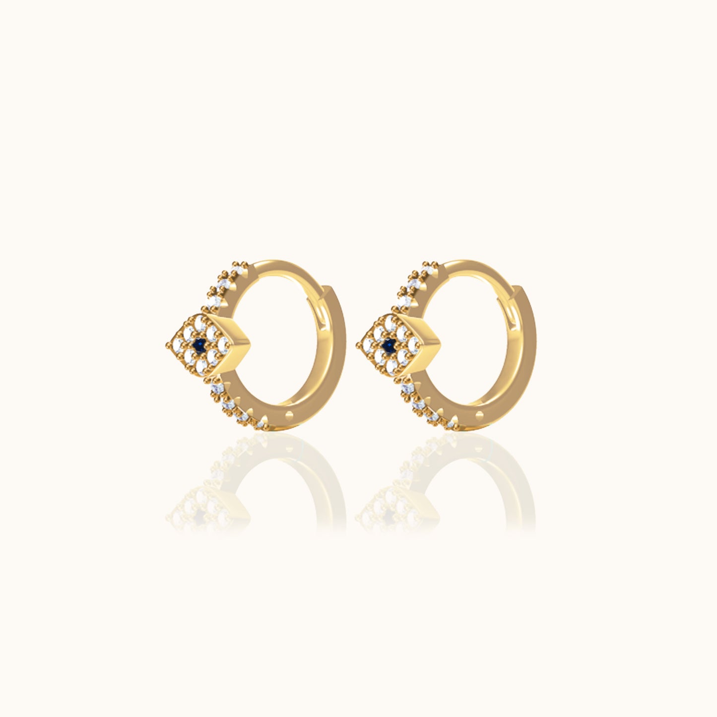 Mini Blue Eyes Gold Enlightened Spirit Tiny CZ Evil Eye Huggie Hoop Earrings by Doviana