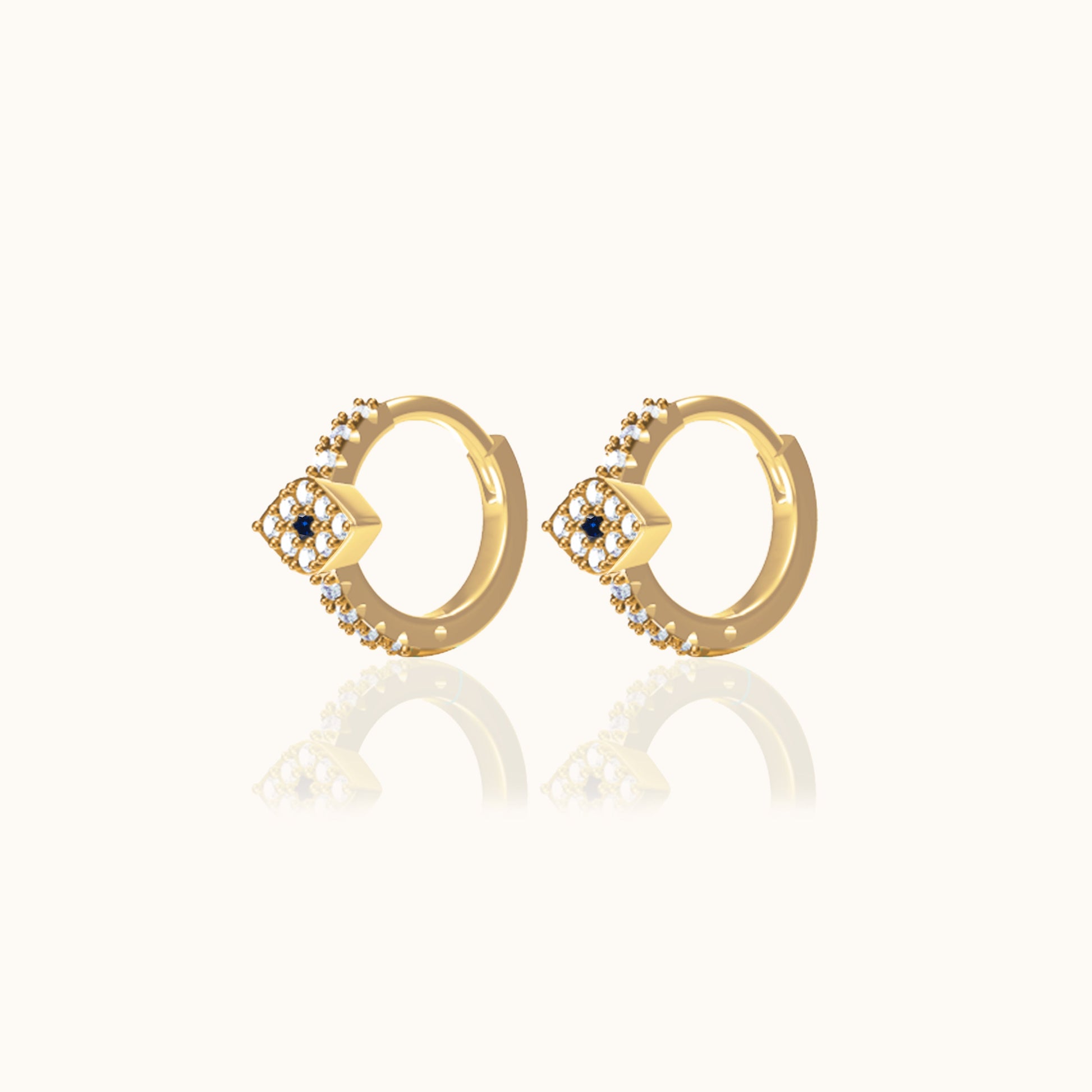 Mini Blue Eyes Gold Enlightened Spirit Tiny CZ Evil Eye Huggie Hoop Earrings by Doviana