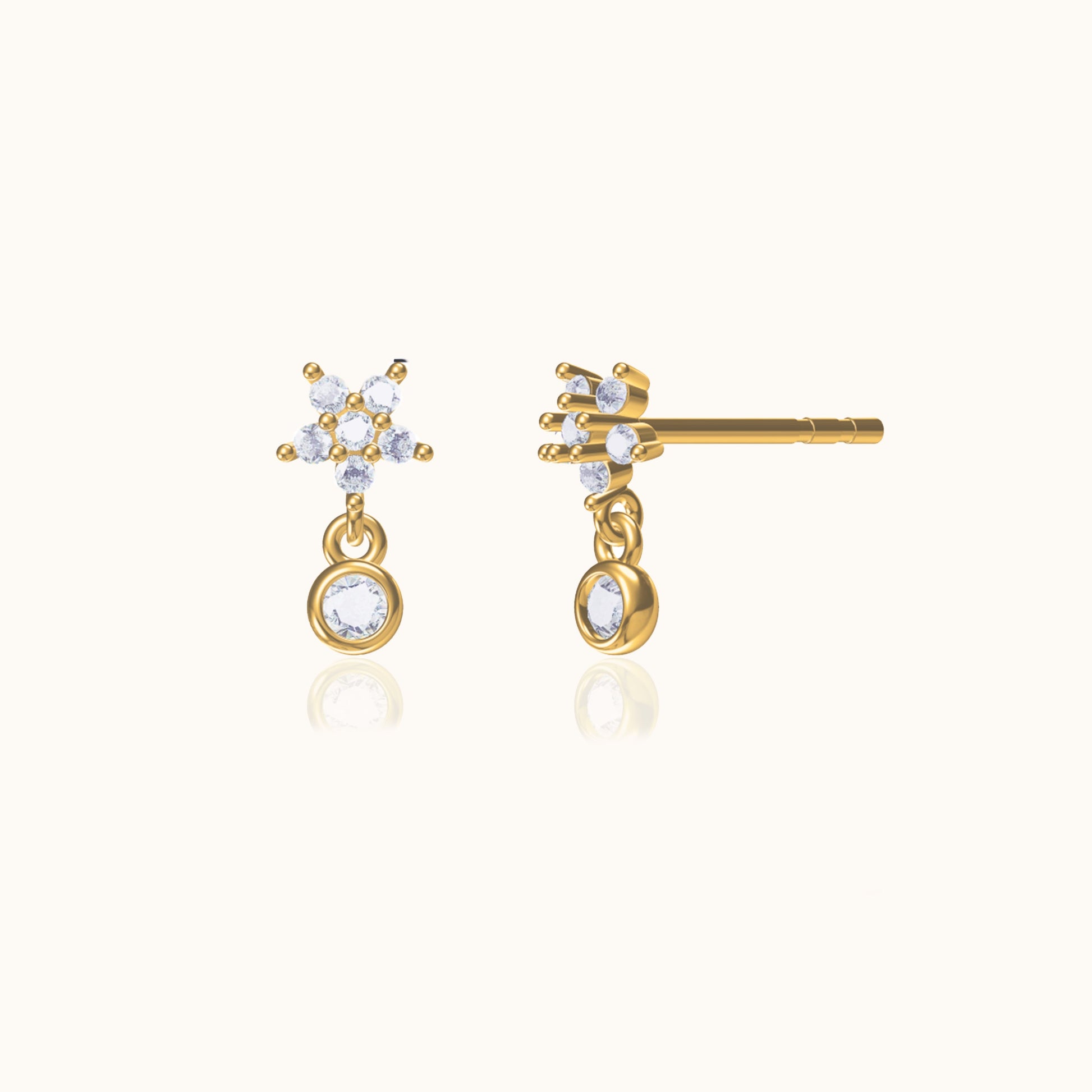 Petite Gold CZ Flower Dangle Studs Tiny Zirconia Bezel Set Drop Earrings by Doviana