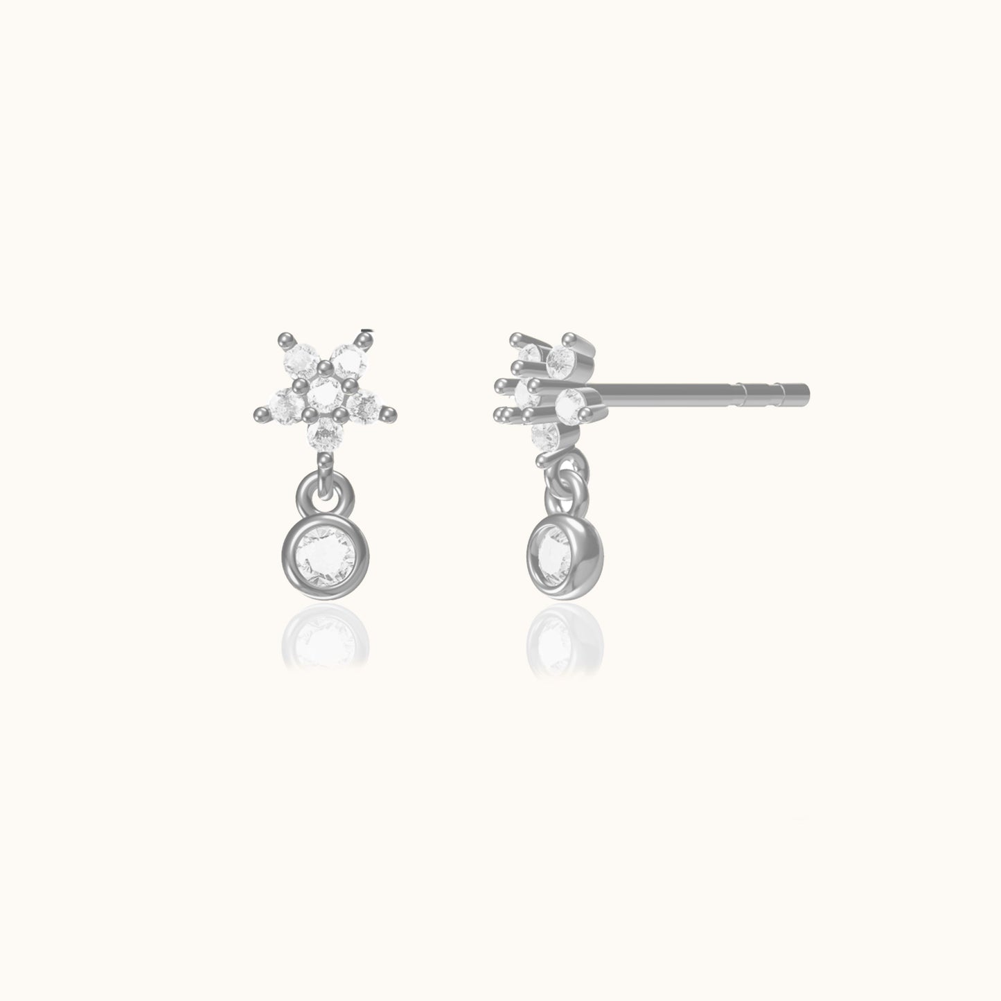 Petite 925 Sterling Silver CZ Flower Dangle Studs Tiny Zirconia Bezel Set Drop Earrings by Doviana