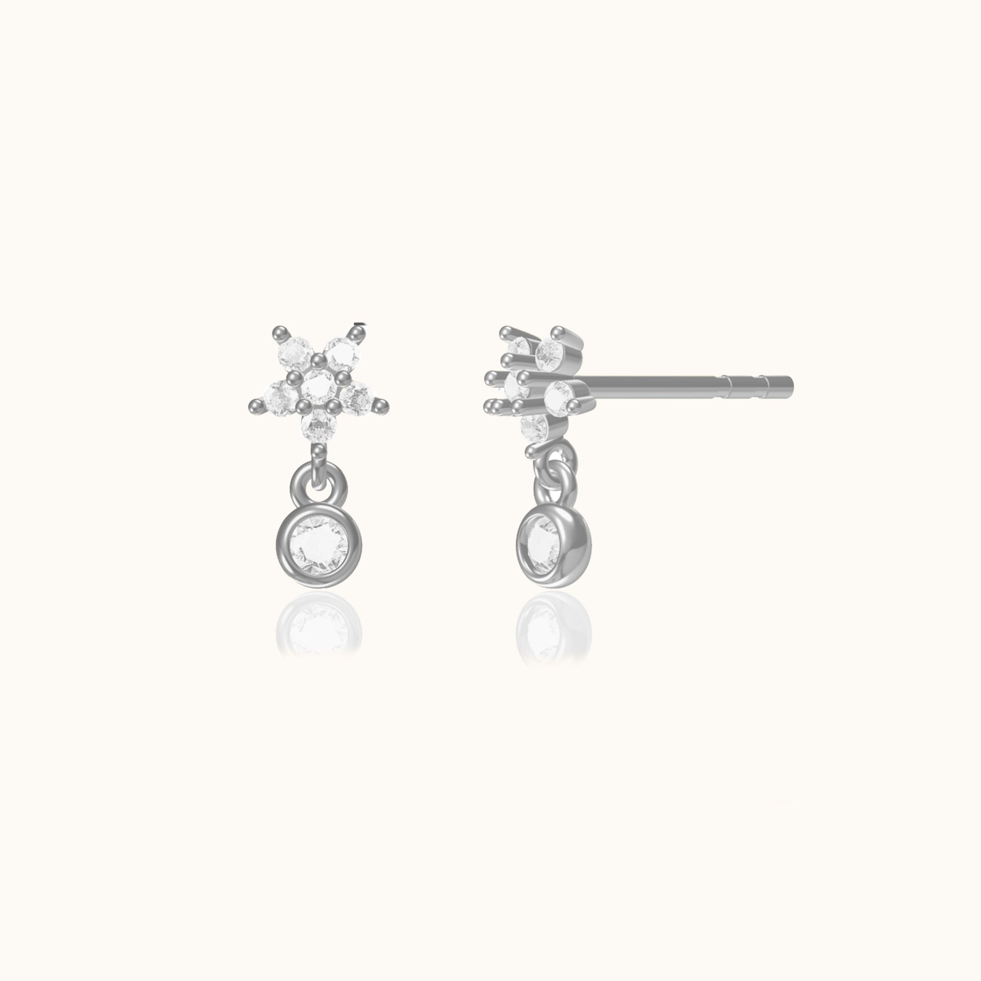 Petite 925 Sterling Silver CZ Flower Dangle Studs Tiny Zirconia Bezel Set Drop Earrings by Doviana