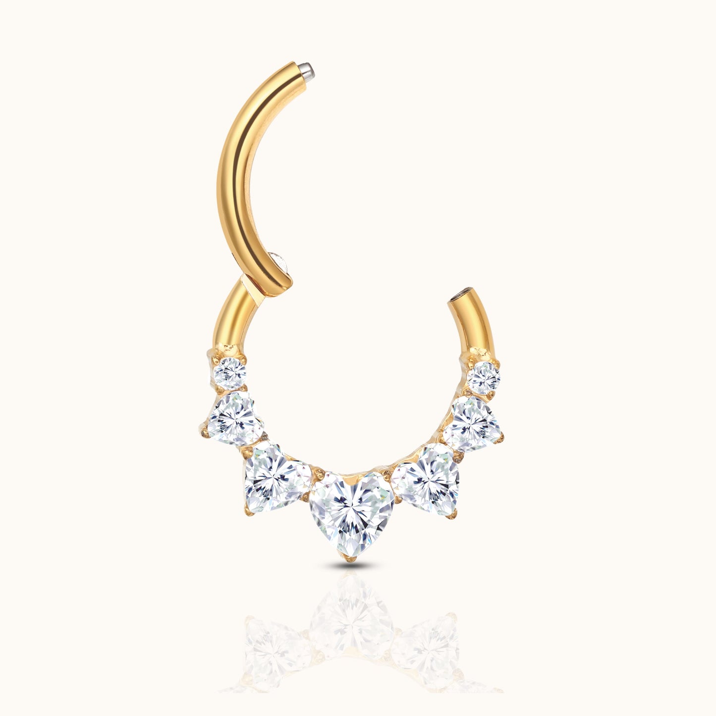 Daith Septum CZ Heart Clicker Titanium PVD Gold Hinged Nap Hoop Earring by Doviana