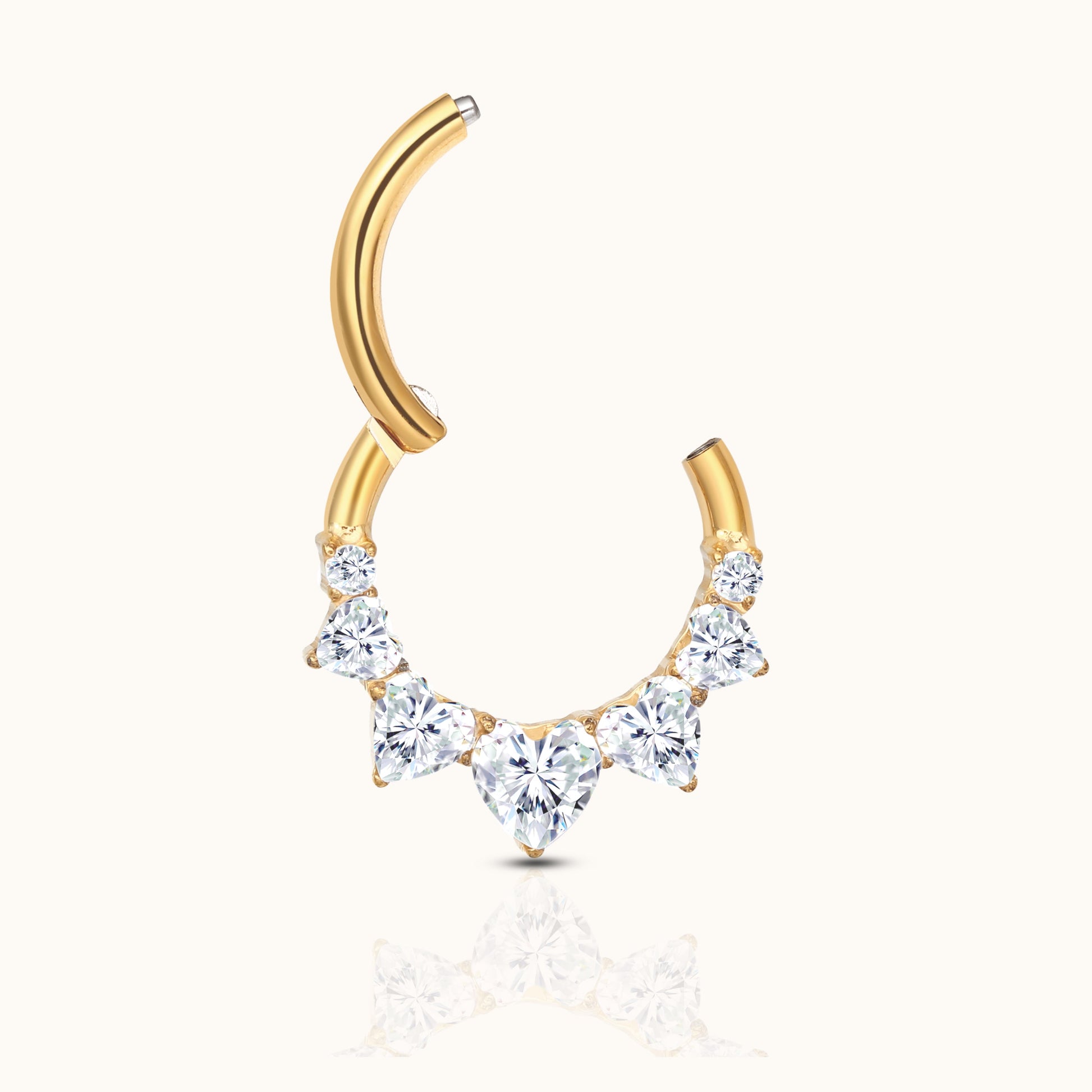 Daith Septum CZ Heart Clicker Titanium PVD Gold Hinged Nap Hoop Earring by Doviana