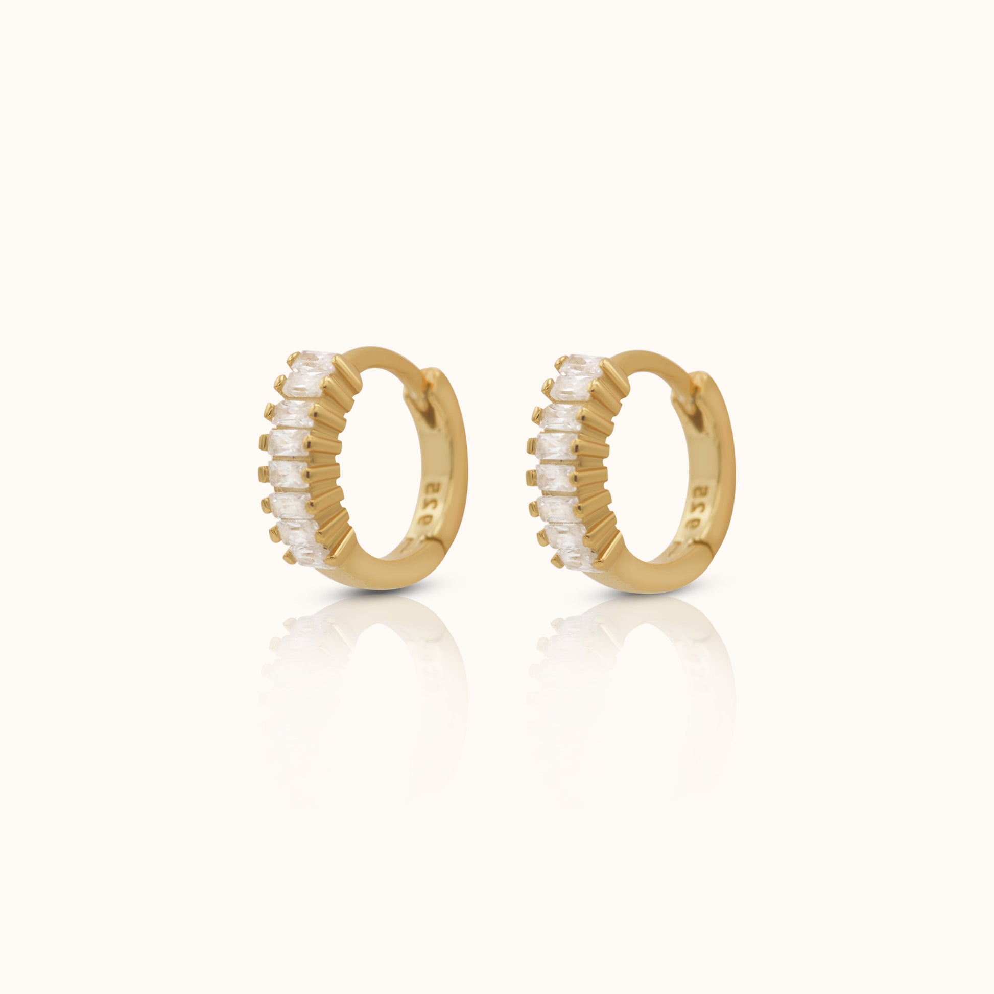 Classic Baguette White Cubic Zirconia CZ Pave Diamond 18K Gold Plated Stacking Huggie Hoop Earrings by Doviana