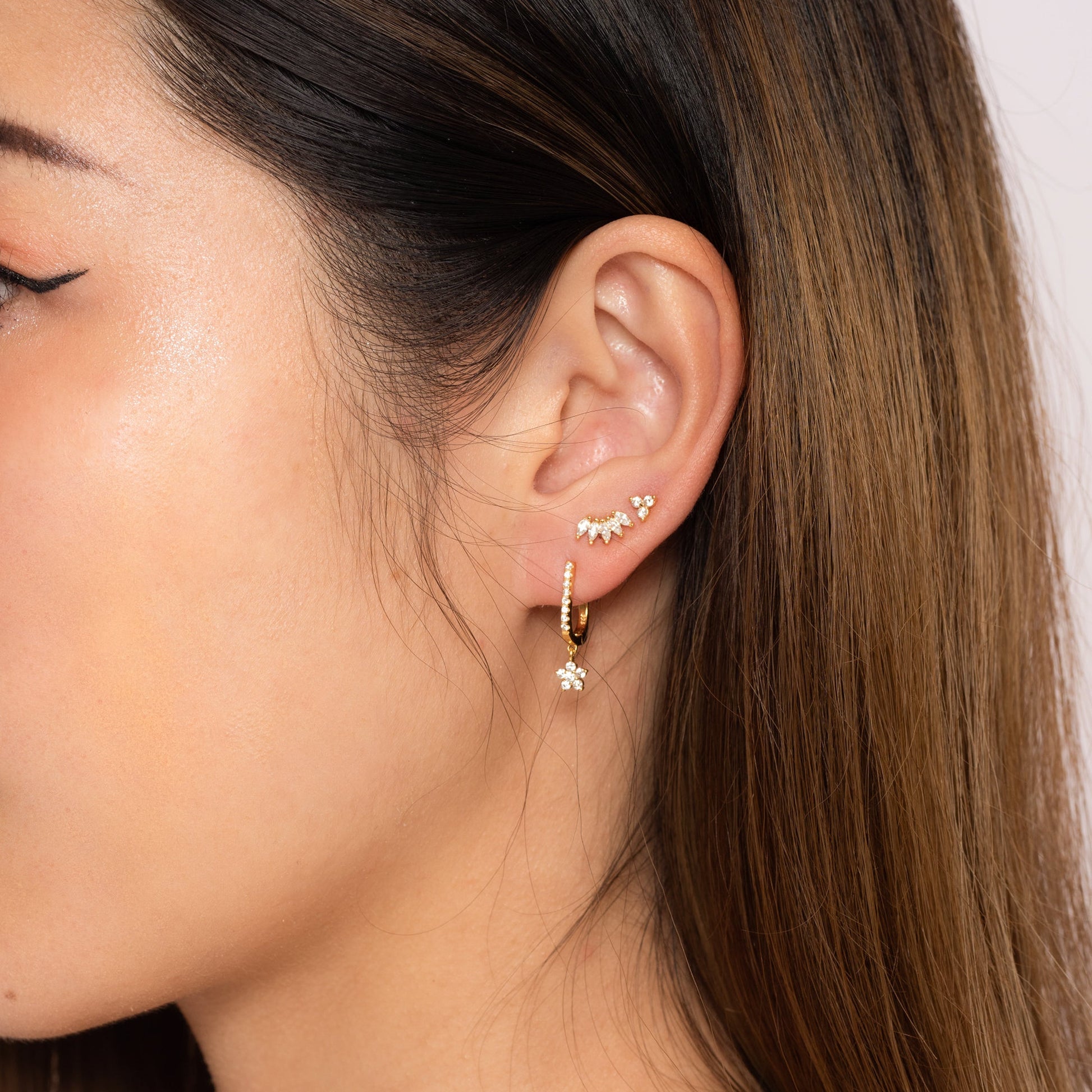 Cherry Blossoms CZ Pave Latch Back Earrings Gold Floral Charm Dangle Hoops by Doviana