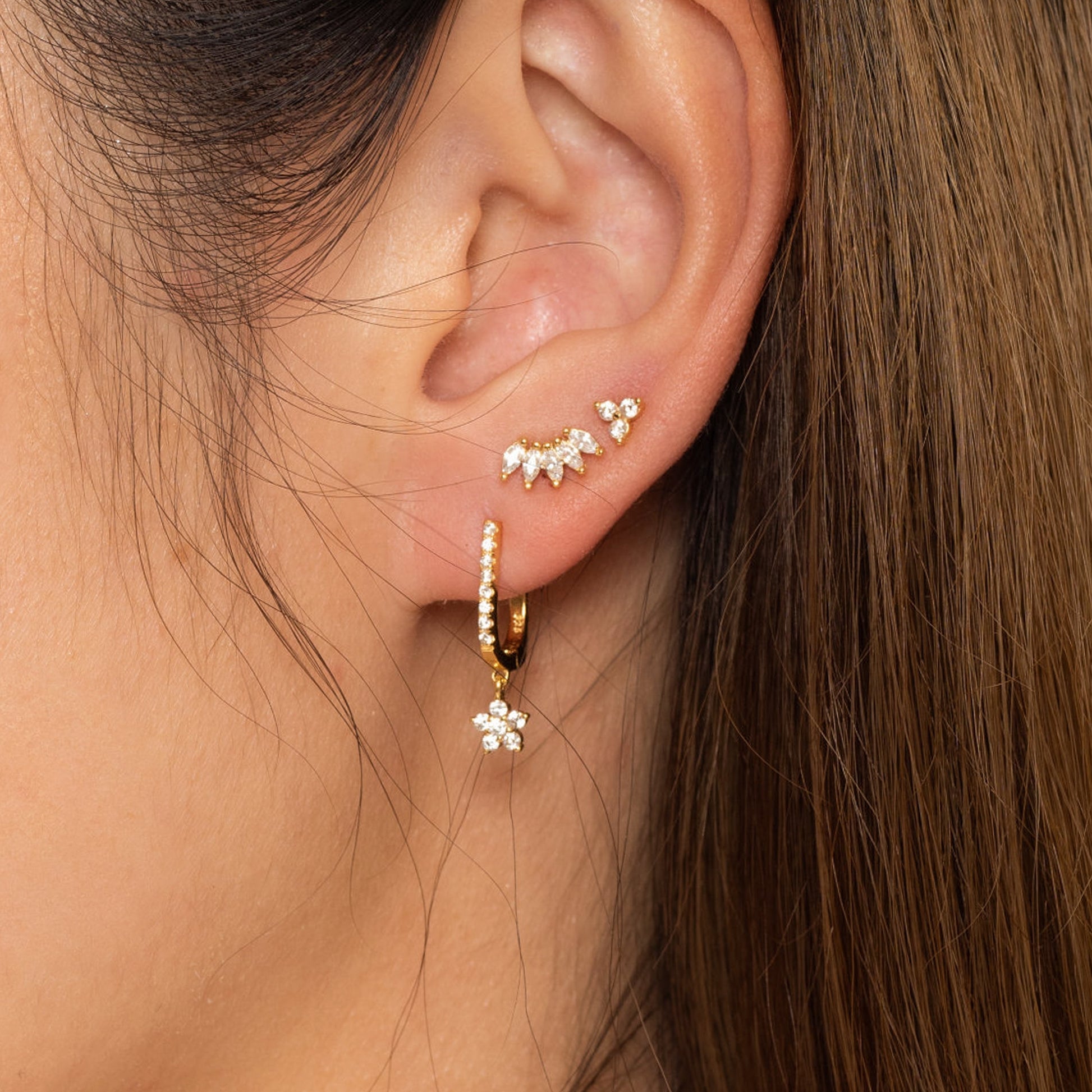 Crystal Trefoil Studs Earrings 18K Gold Plated Triple Cubic Zirconia Cartilage Piercing by Doviana