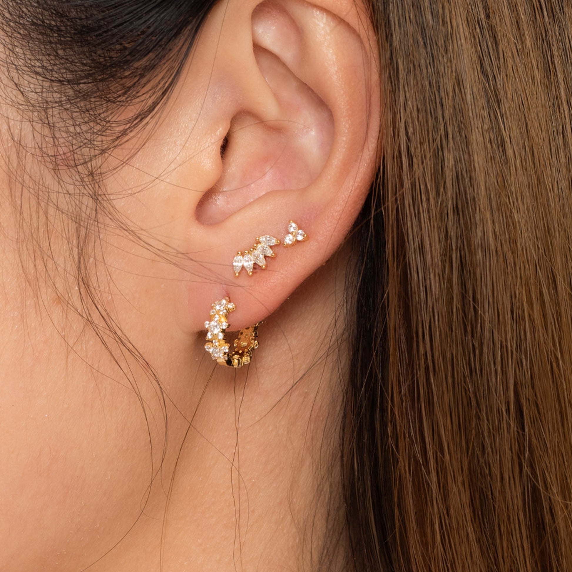 Gold Diamond Floral Stacking Second Piercing CZ Petal Stud Earrings - Doviana