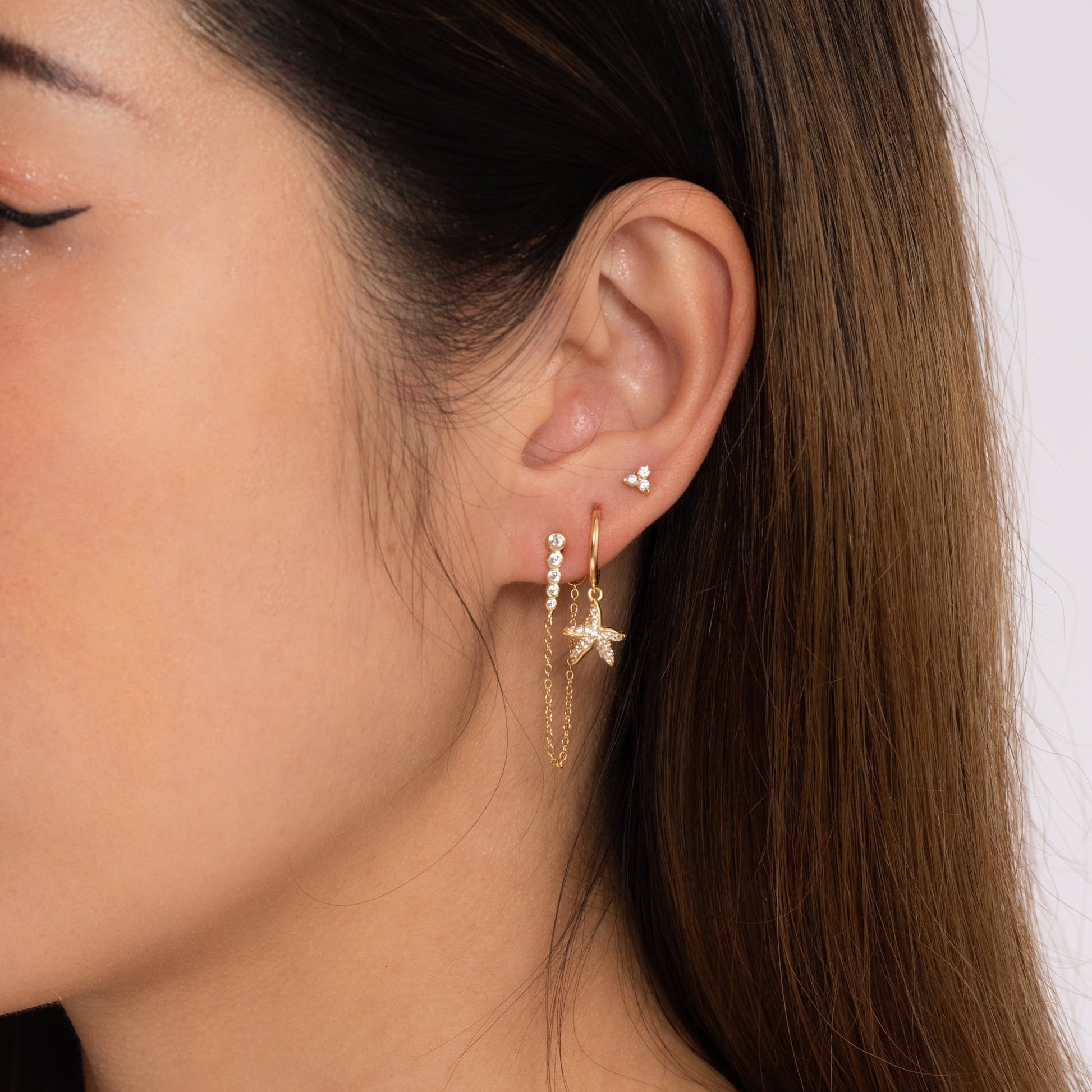 CZ Bar Chain Earrings Gold Bead Vertical Bar Bezel CZ Dangling Chain Front/Back Studs by Doviana