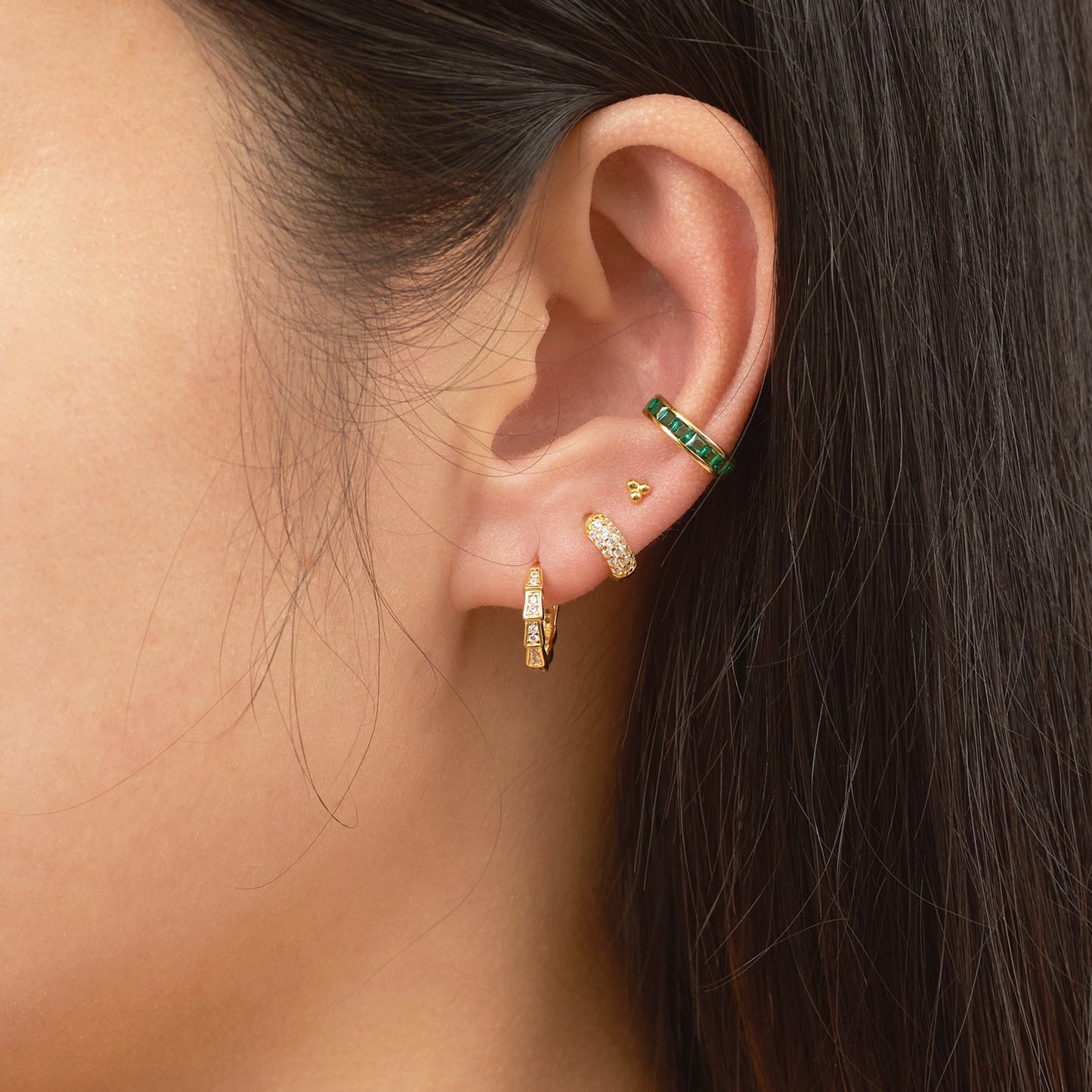 CZ Bamboo Hoop Earrings Cubic Zirconia Square CZ Baguette Gold Huggie Hoops by Doviana