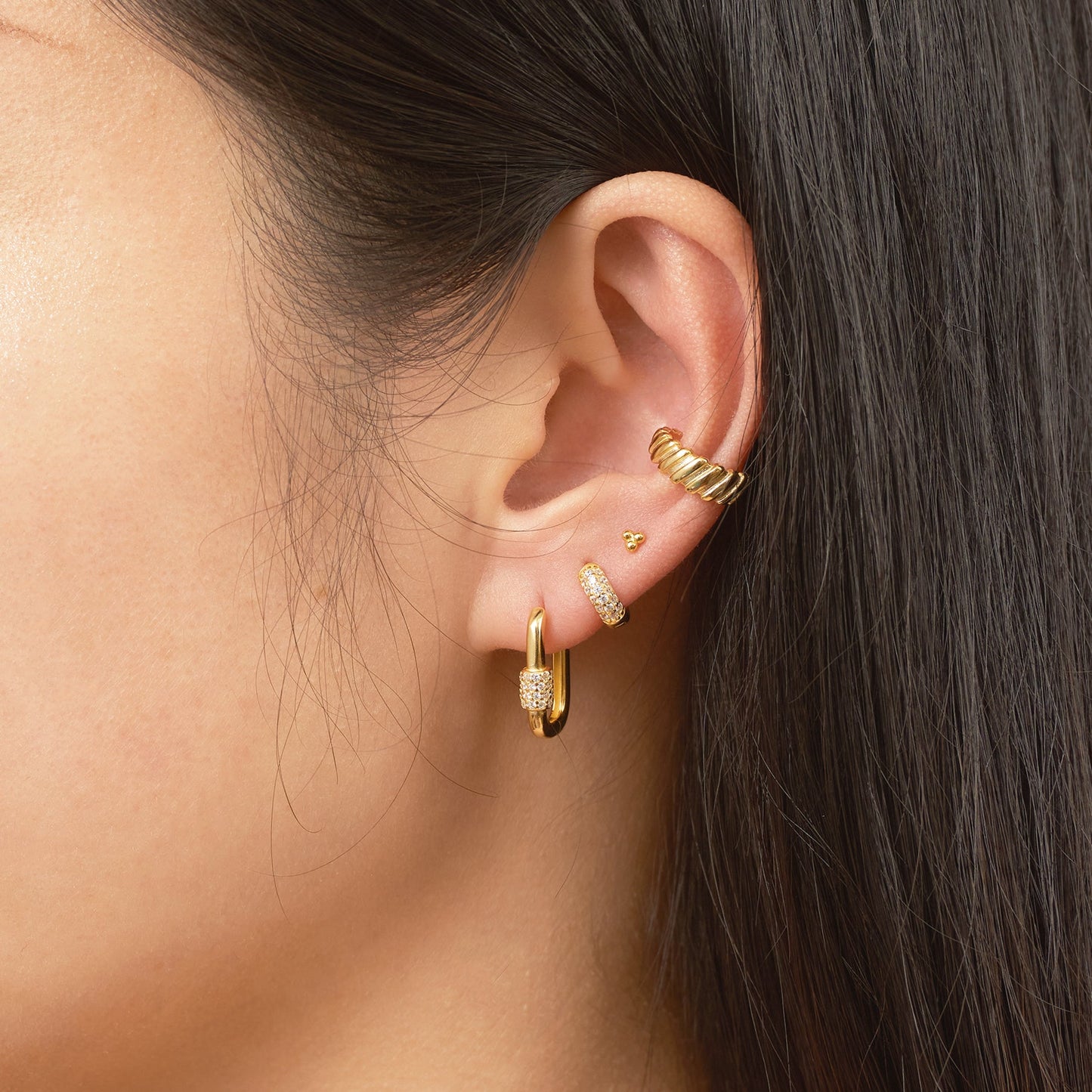Square CZ U Shape Gold Oval Hoop Paper Link U-Pave Paperclip Earrings by Doviana