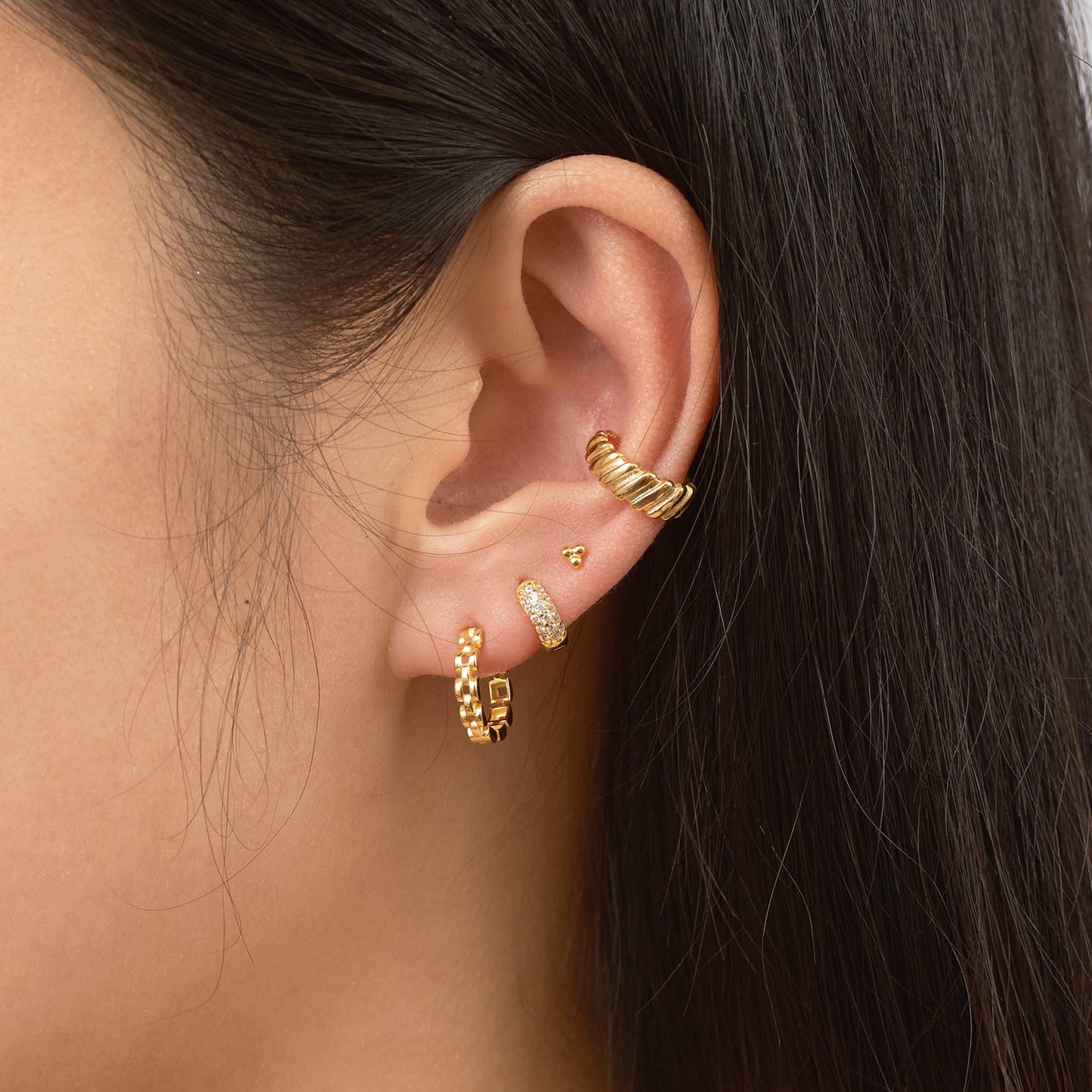 Gold Tiny Ball Spheres Bar Cartilage Petite Tri Dots Bead Studs Earrings by Doviana