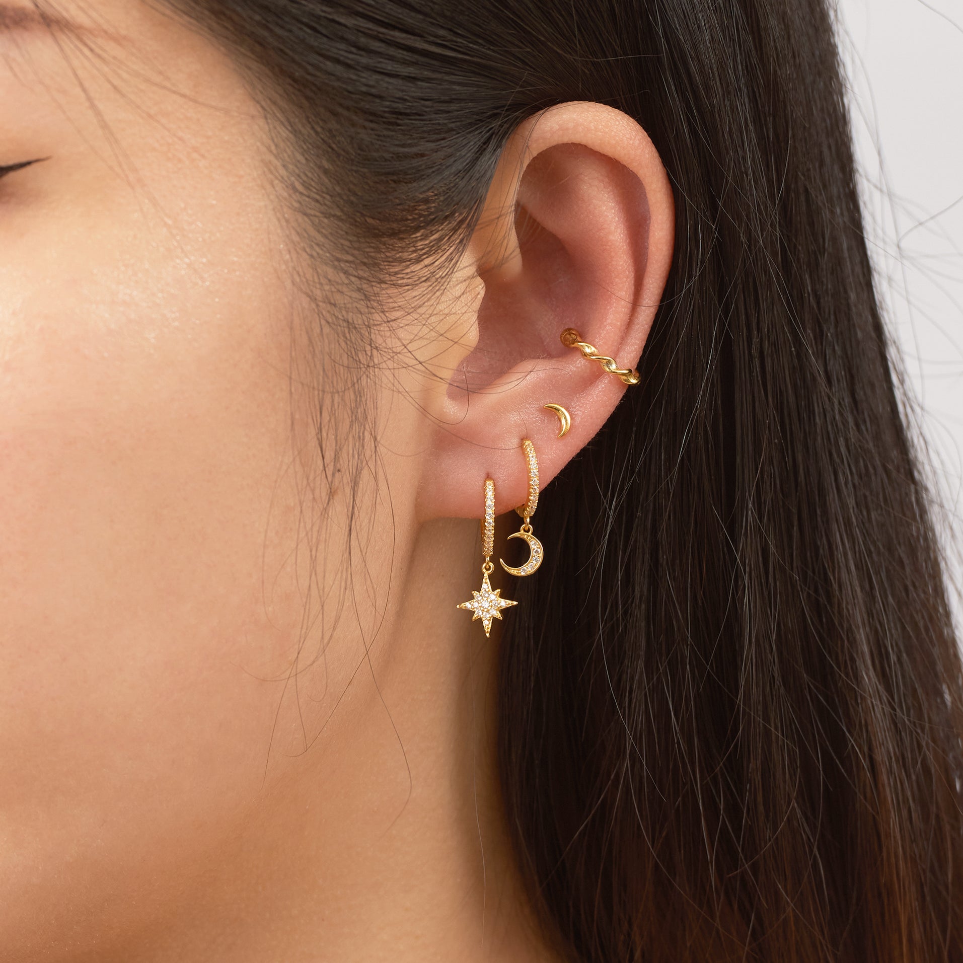Petite Gold Crescent Charm Moon and Star Tiny Celestial Huggie Hoops by Doviana