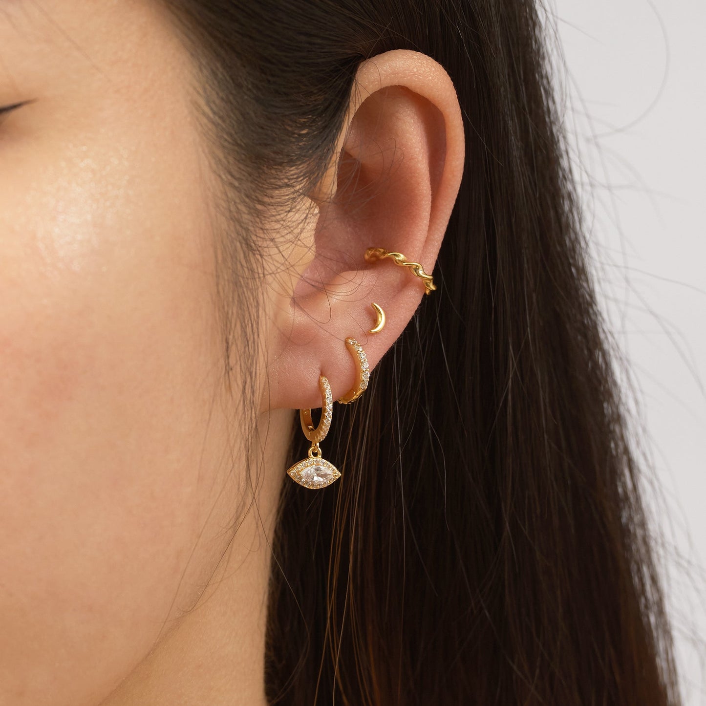 Gold Protector Wide White Eye Dangle Eye CZ Pave Huggie Hoop Earrings by Doviana