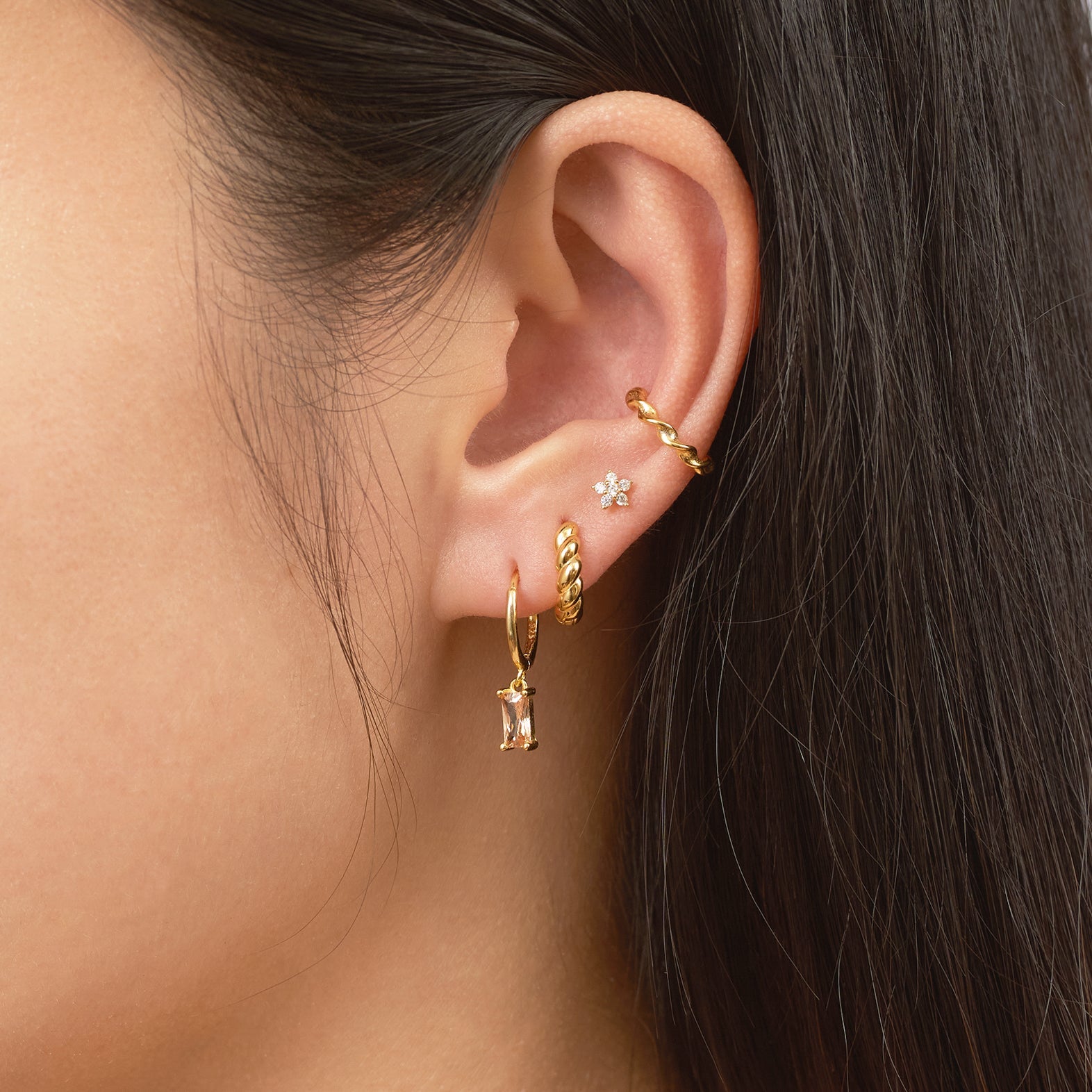 CZ Cherry Blossom Studs Gold Tiny Floral Petite Flower Petal Star Earrings by Doviana
