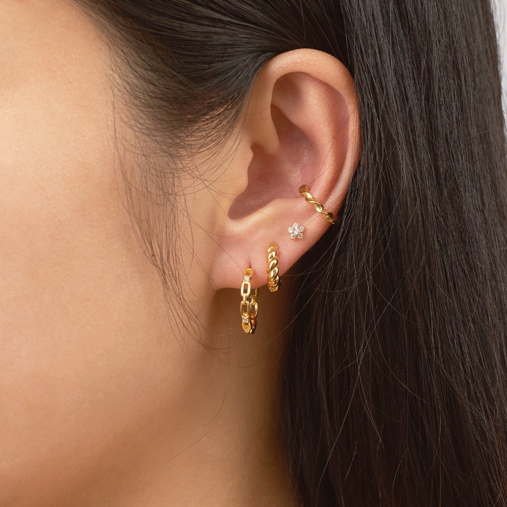 Chain CZ Embellished Hoop Earrings White Zirconia Pave Link Round Tube by Doviana