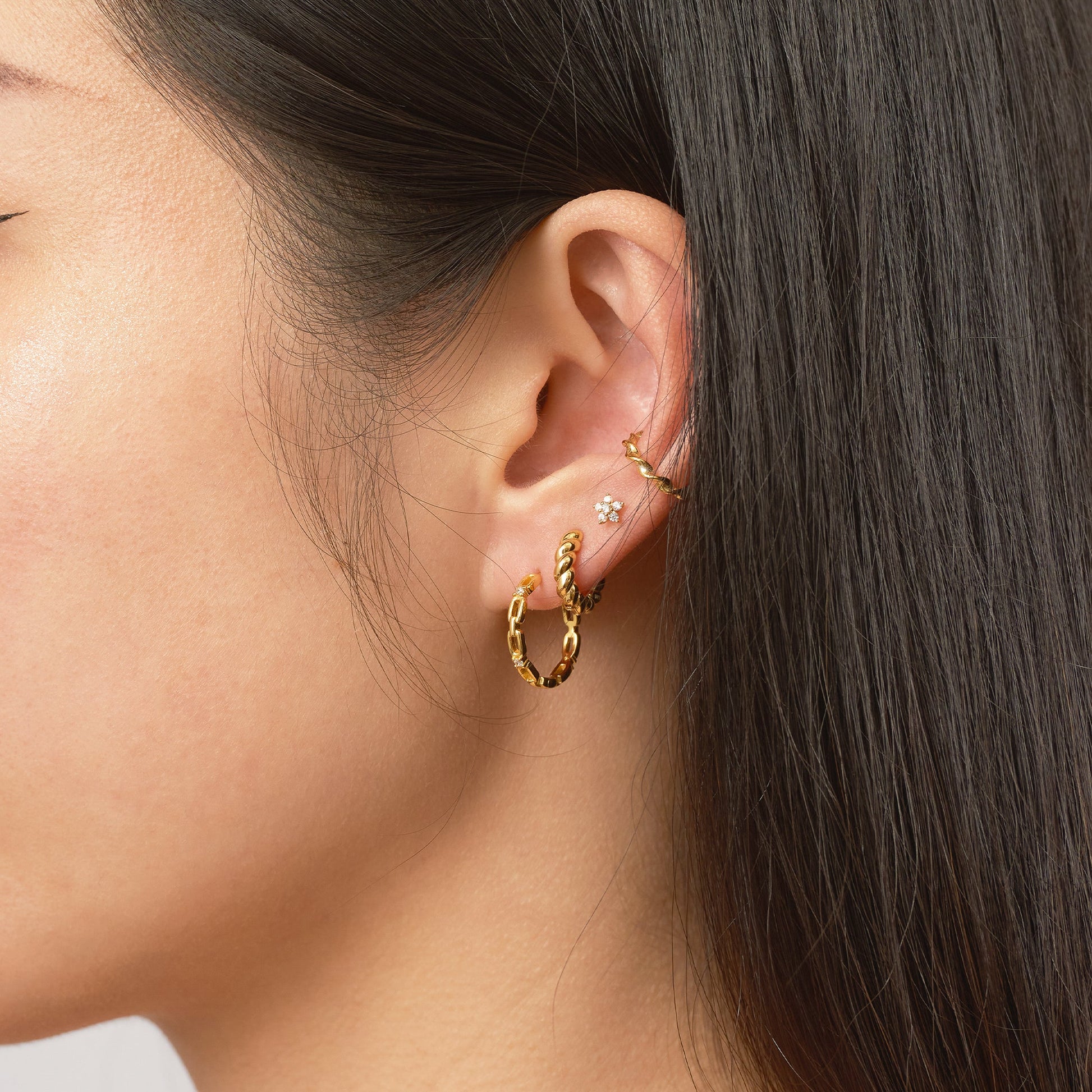 Chain CZ Embellished Hoop Earrings White Zirconia Pave Link Round Tube by Doviana