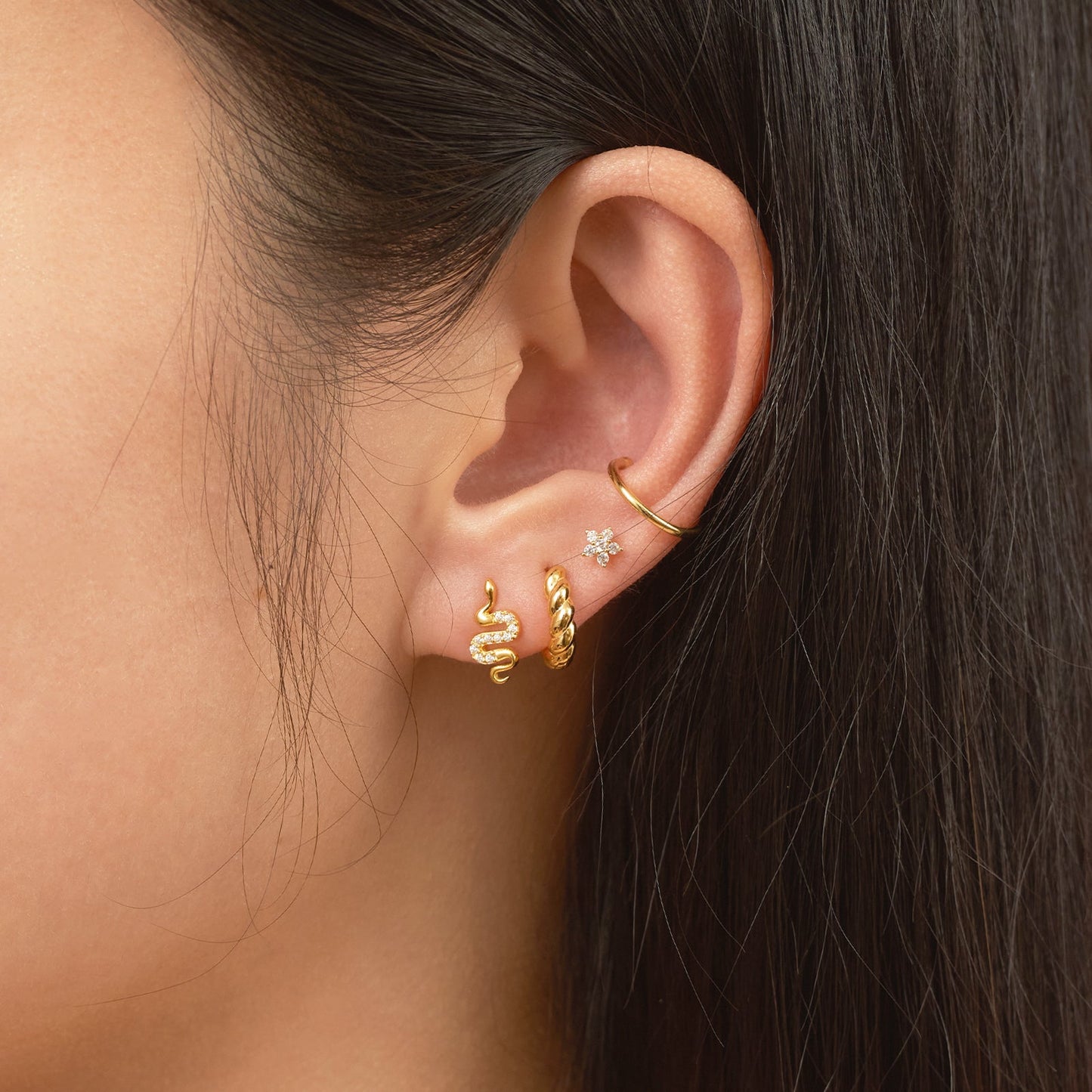Serpent Love CZ Pave Gold Animal Charm Snake CZ Stud Earrings by Doviana