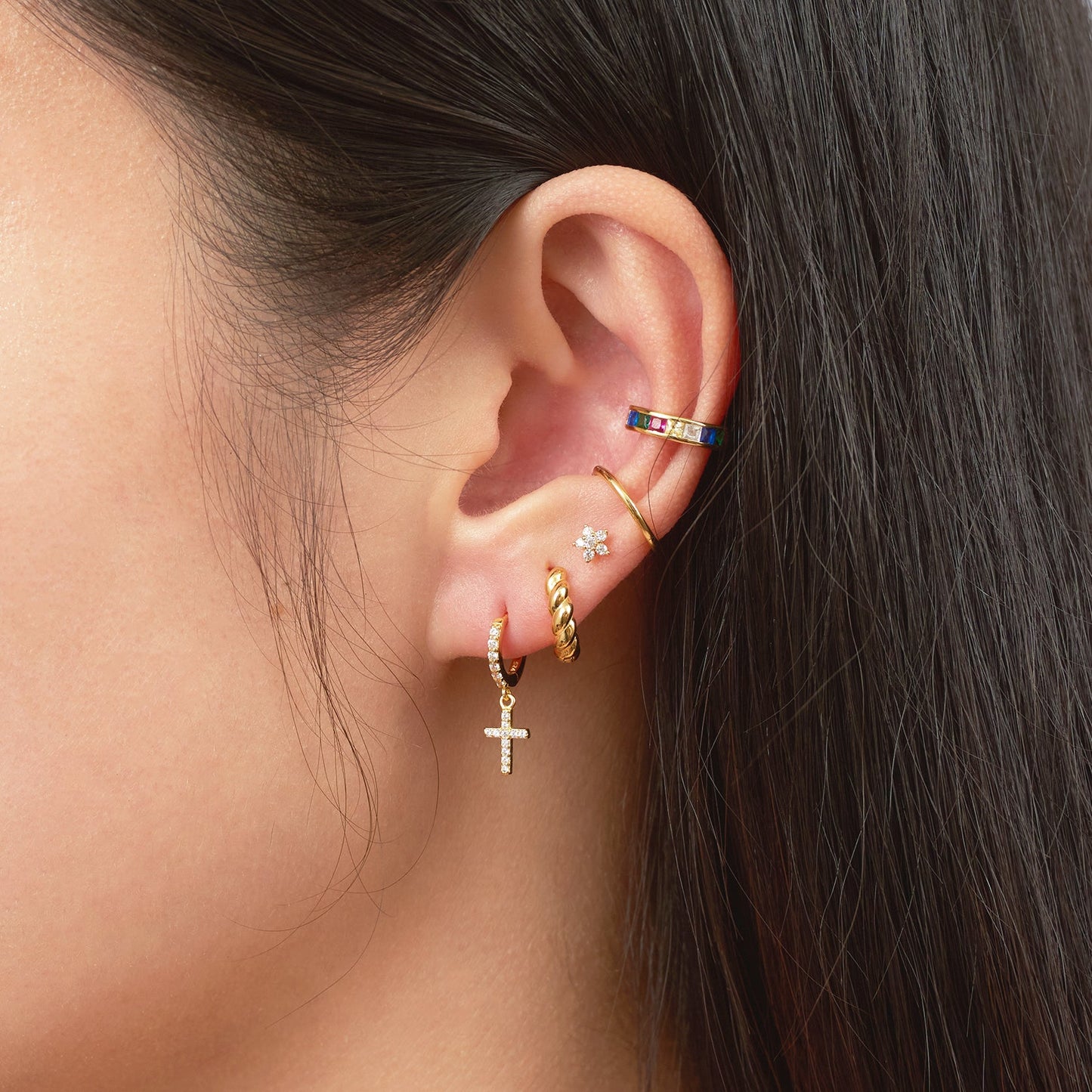 Diamond Cross Hoop Earrings Gold Hanging Studded Tiny CZ Pave Cross Huggie Hoops by Doviana