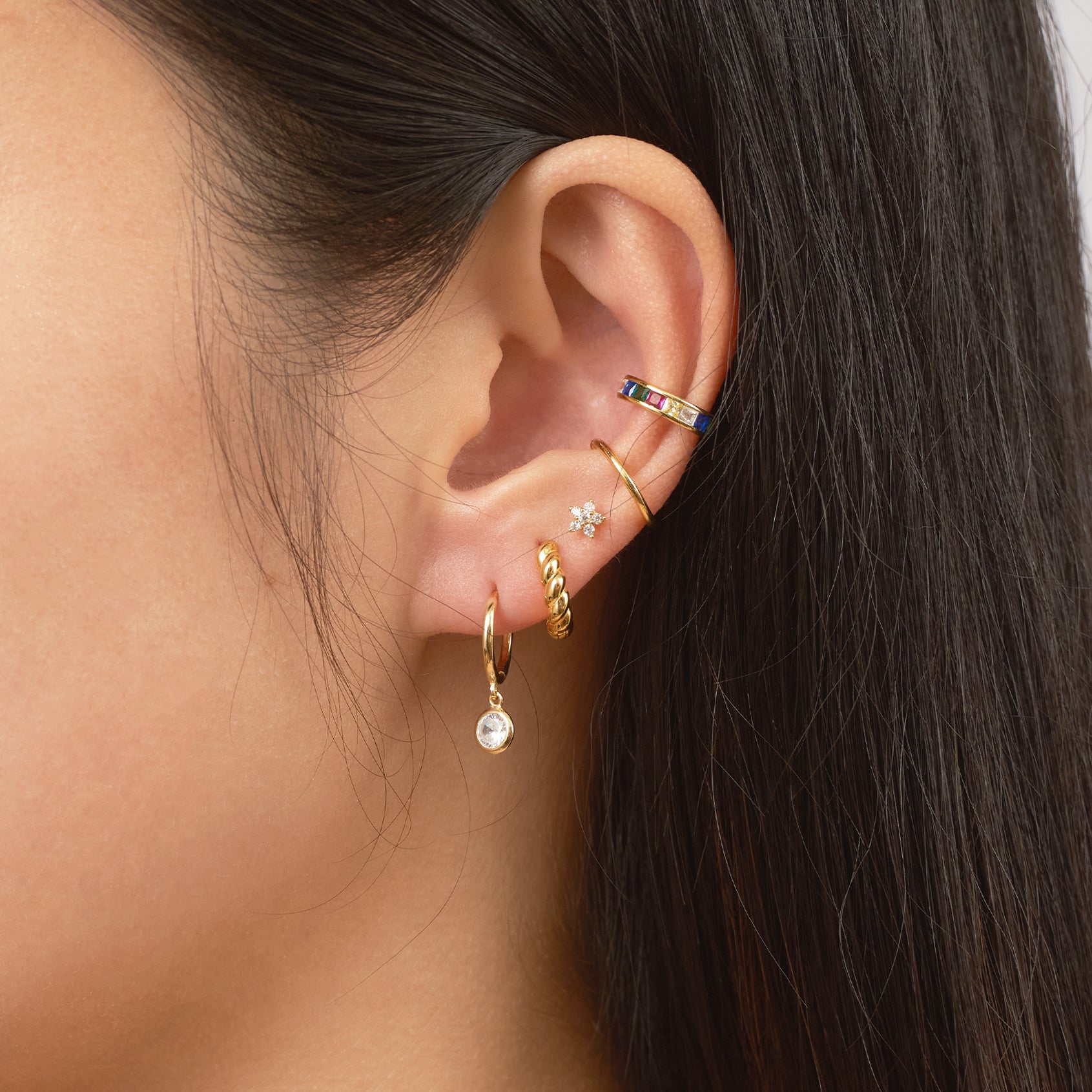 Tiny CZ Bezel Drop Earrings Gold Round Crystal Dangle Charm Huggie Hoops by Doviana