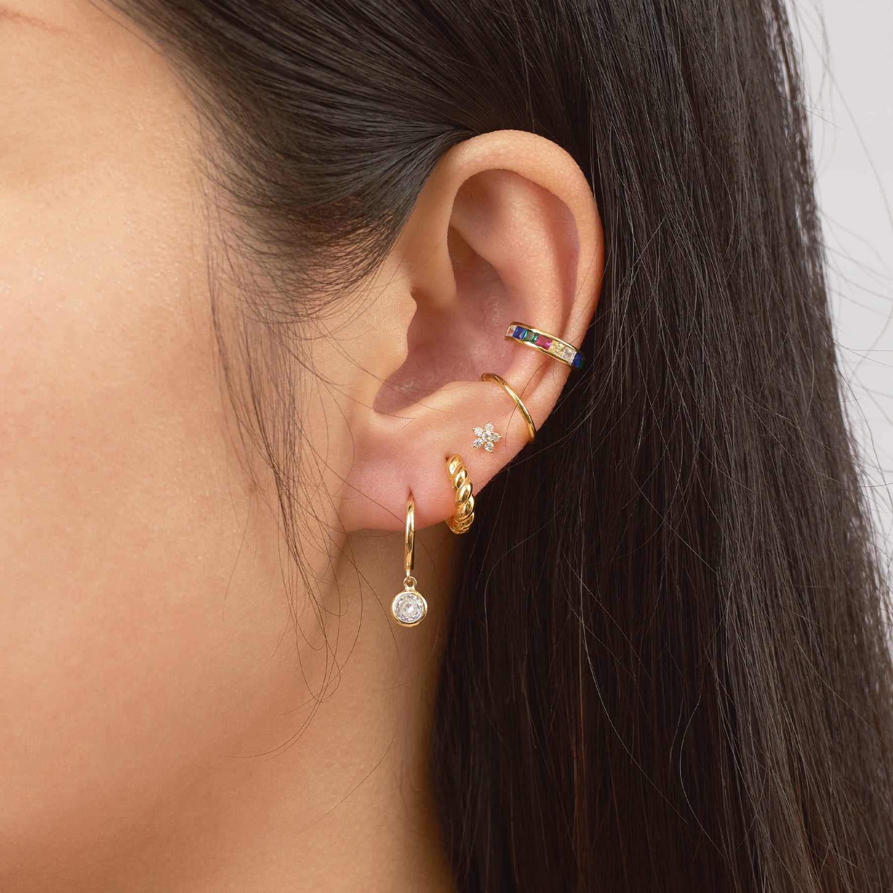 CZ Cherry Blossom Studs Gold Tiny Floral Petite Flower Petal Star Earrings by Doviana
