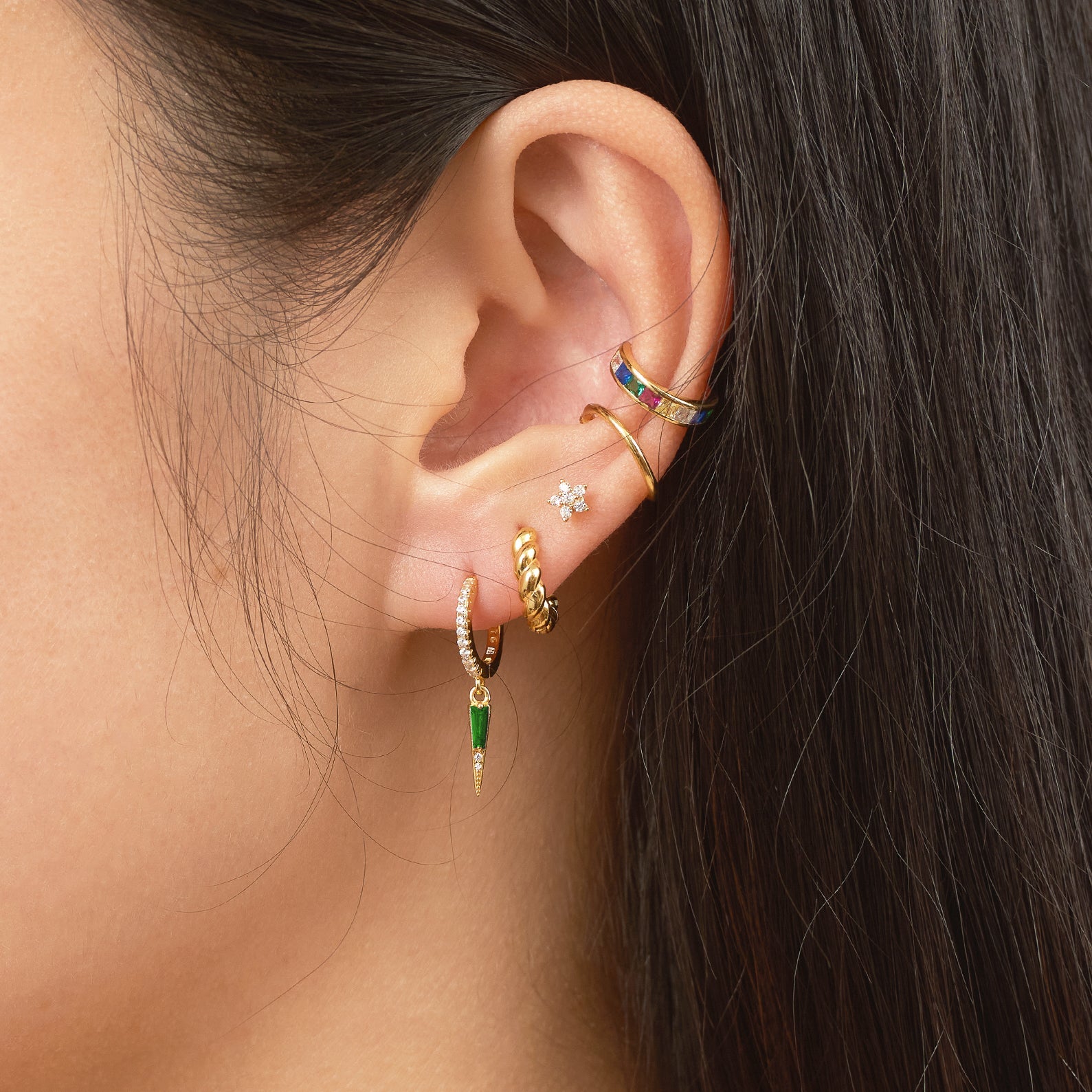 Petite Point Emerald Charm Drop Gold Spike Green CZ Dangle Earrings by Doviana