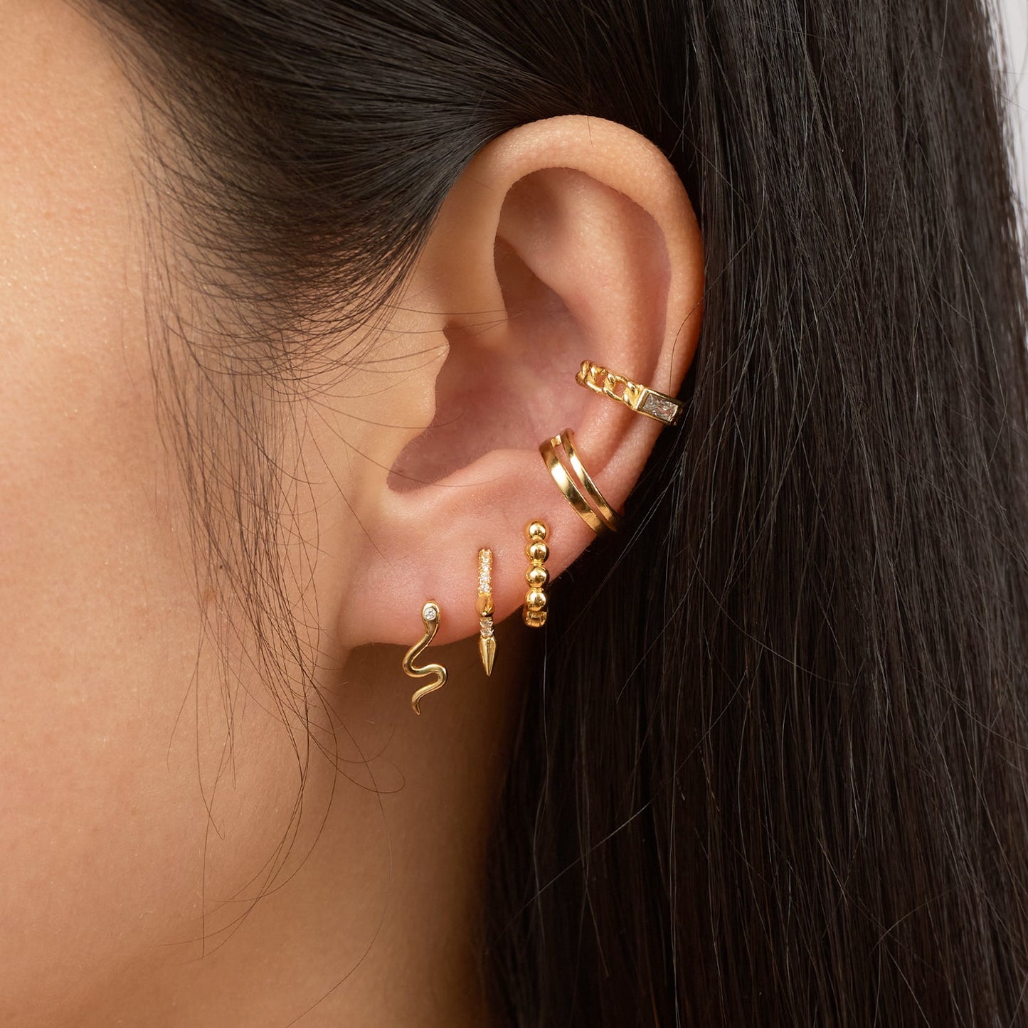 Gold Cuban Chain Circular Cartilage Secure Cuff Single Green CZ Ear Cuff by Doviana