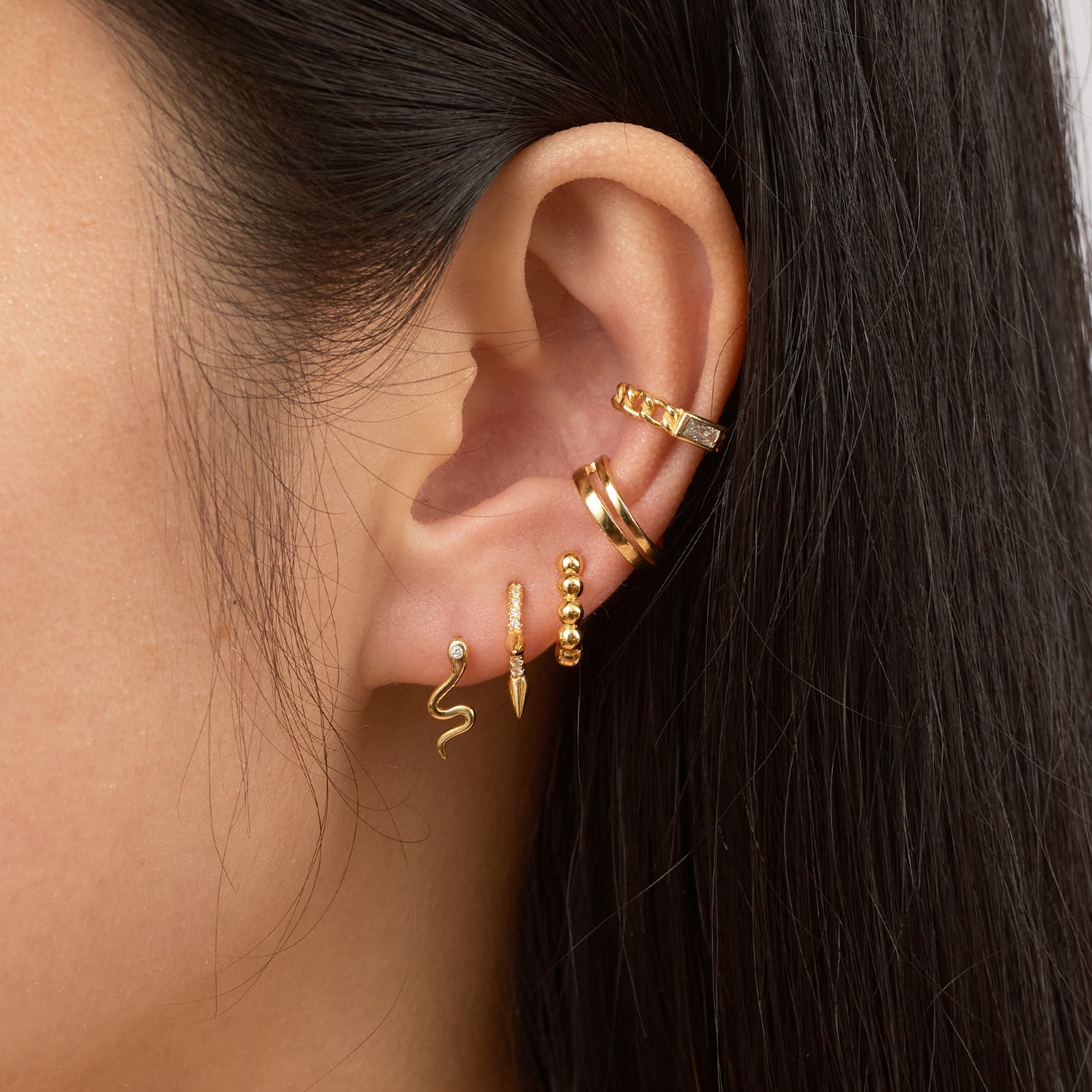 Gold Cuban Chain Circular Cartilage Secure Cuff Single Green CZ Ear Cuff by Doviana