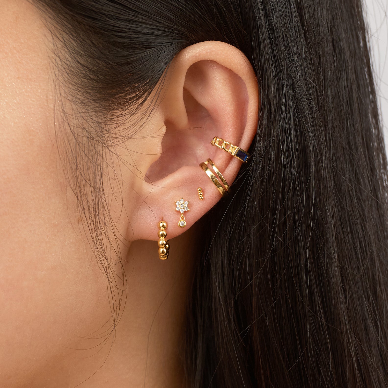 Petite Gold CZ Flower Dangle Studs Tiny Zirconia Bezel Set Drop Earrings by Doviana