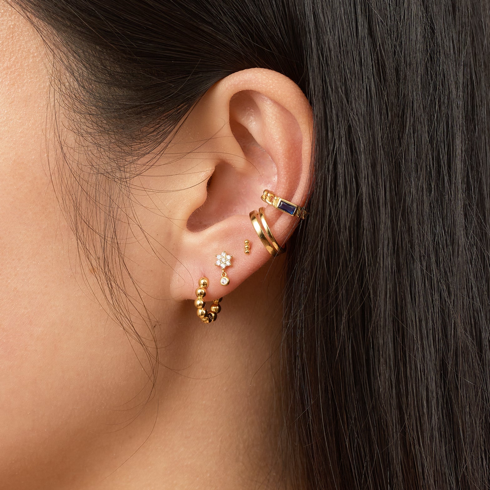 Cuban Chain Cartilage Fake Piercing Gold Cuff Single Blue CZ Ear Cuff by Doviana